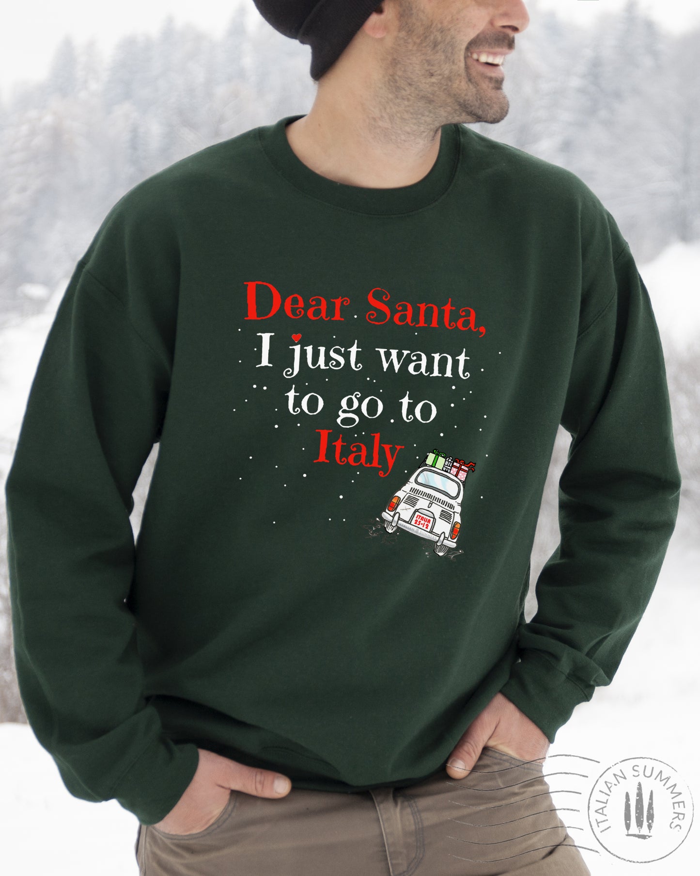 A soft, comfy and cozy Italy-Christmas inspired sweatshirt. It features the fun phrase: "Dear Santa, I just want to go to Italy", and a vintage Fiat 500 speeding away loaded with wrapped Christmas gifts: Buon Natale!