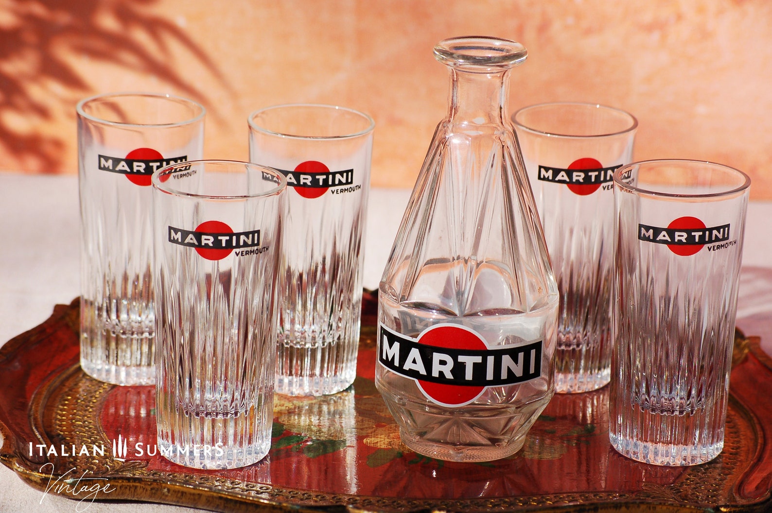 Vintage  1960s Martini glasses set of six, Italy barware, Italian glassware, Dolce Vita cocktail glasses with serving carafe