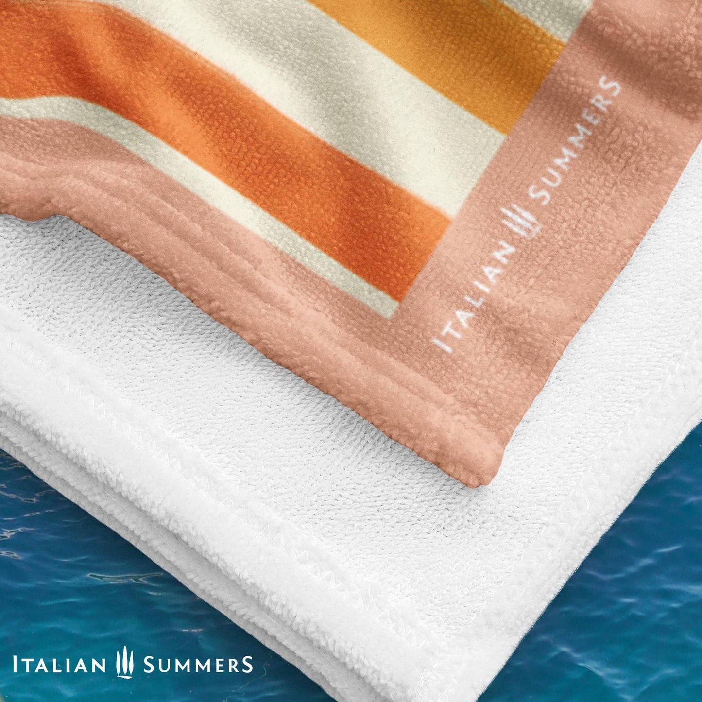 A retro-inspired Italian beach towel with pink and orange watercolor stripes, the phrase “Il Dolce Far Niente,” and two bright lemons in the corners—ideal for quick drying and an Italy vacation.