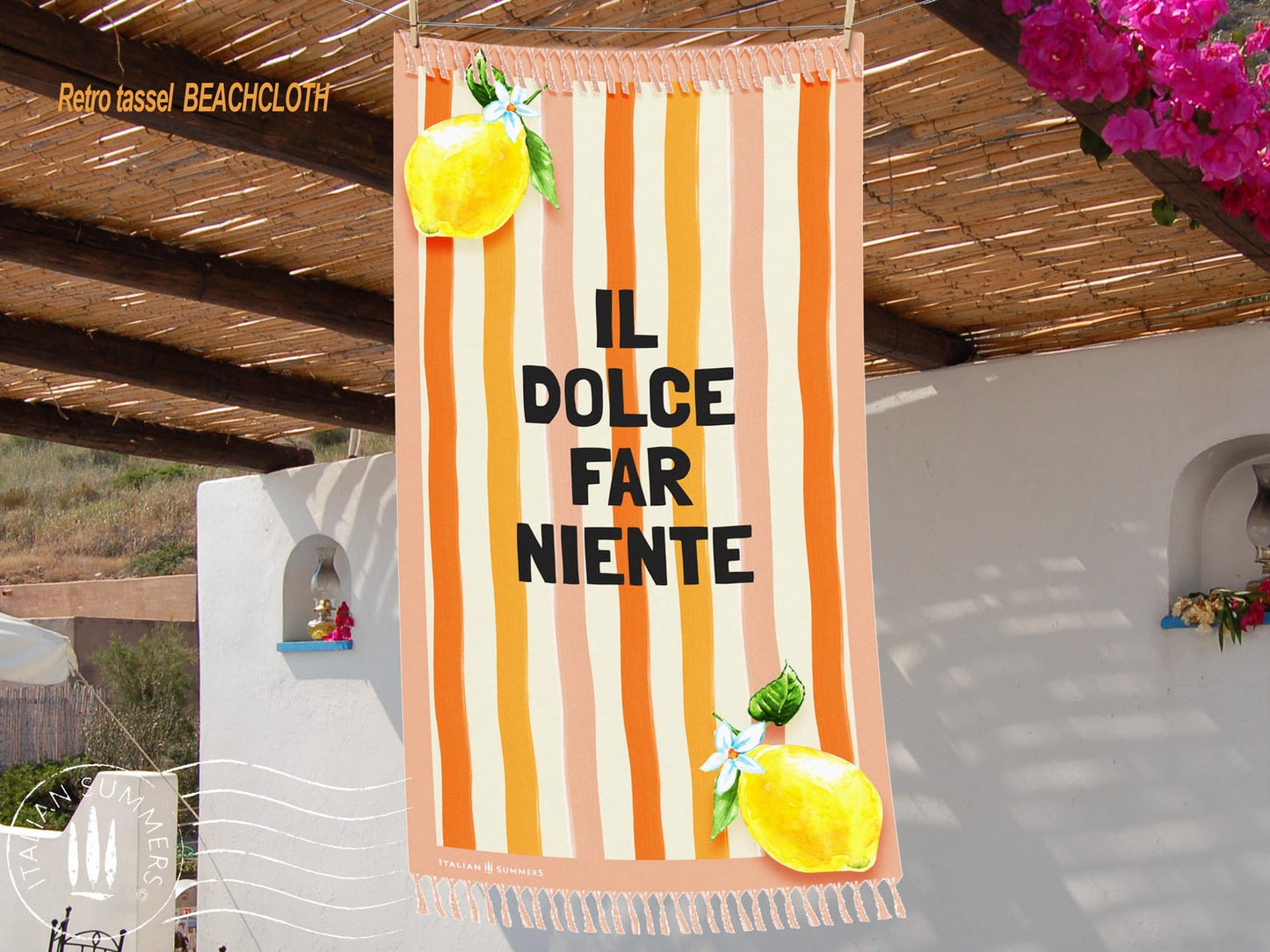 A retro-inspired Italian beach towel with pink and orange watercolor stripes, the phrase “Il Dolce Far Niente,” and two bright lemons in the corners—ideal for quick drying and an Italy vacation.