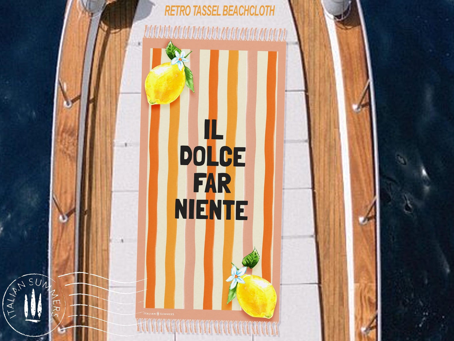A retro-inspired Italian beach towel with pink and orange watercolor stripes, the phrase “Il Dolce Far Niente,” and two bright lemons in the corners—ideal for quick drying and an Italy vacation.