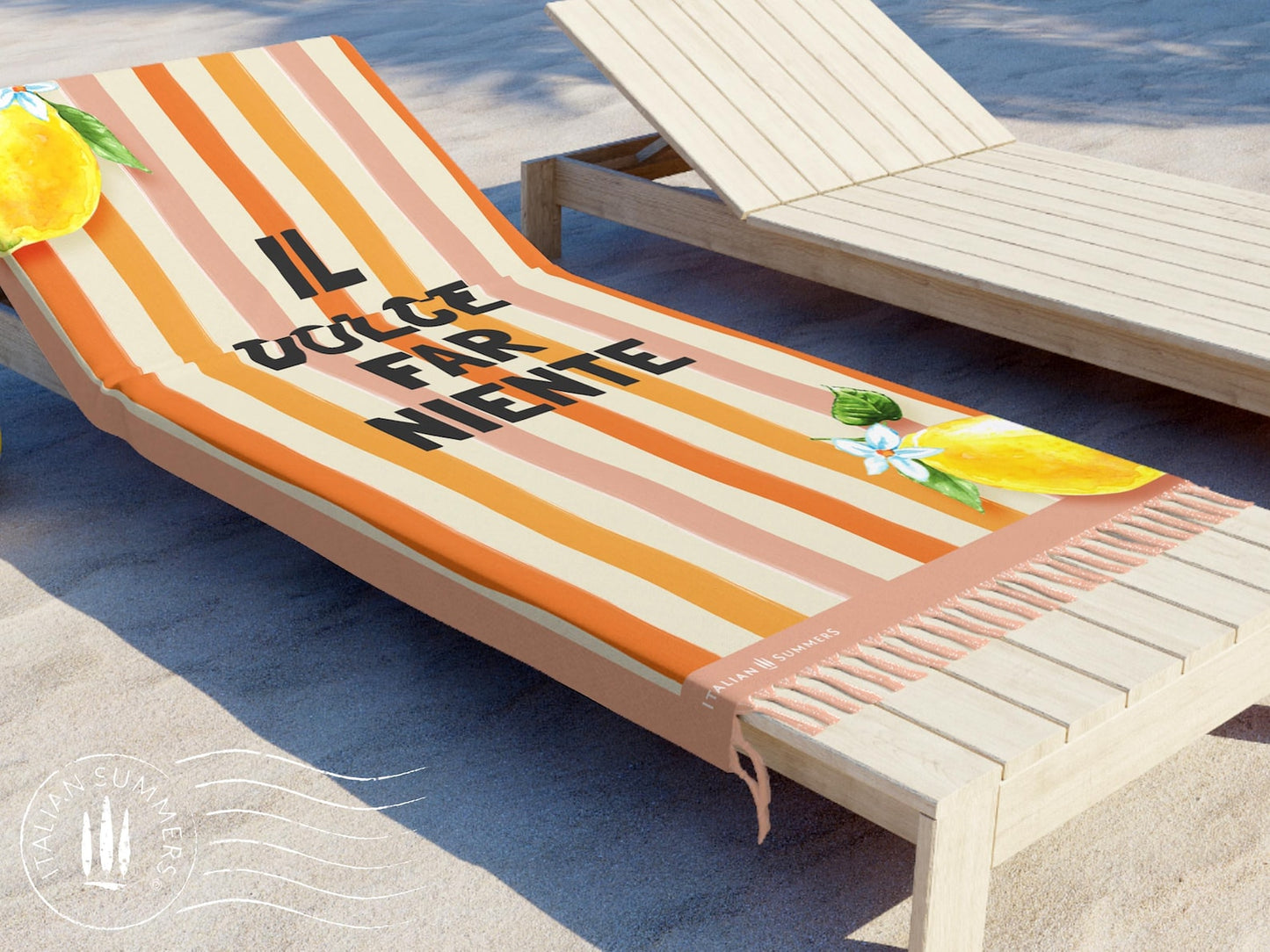 A retro-inspired Italian beach towel with pink and orange watercolor stripes, the phrase “Il Dolce Far Niente,” and two bright lemons in the corners—ideal for quick drying and an Italy vacation.
