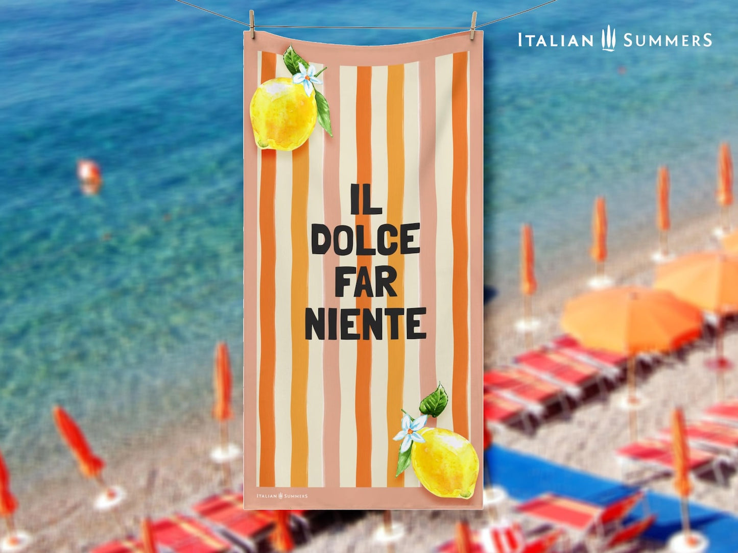A retro-inspired Italian beach towel with pink and orange watercolor stripes, the phrase “Il Dolce Far Niente,” and two bright lemons in the corners—ideal for quick drying and an Italy vacation.