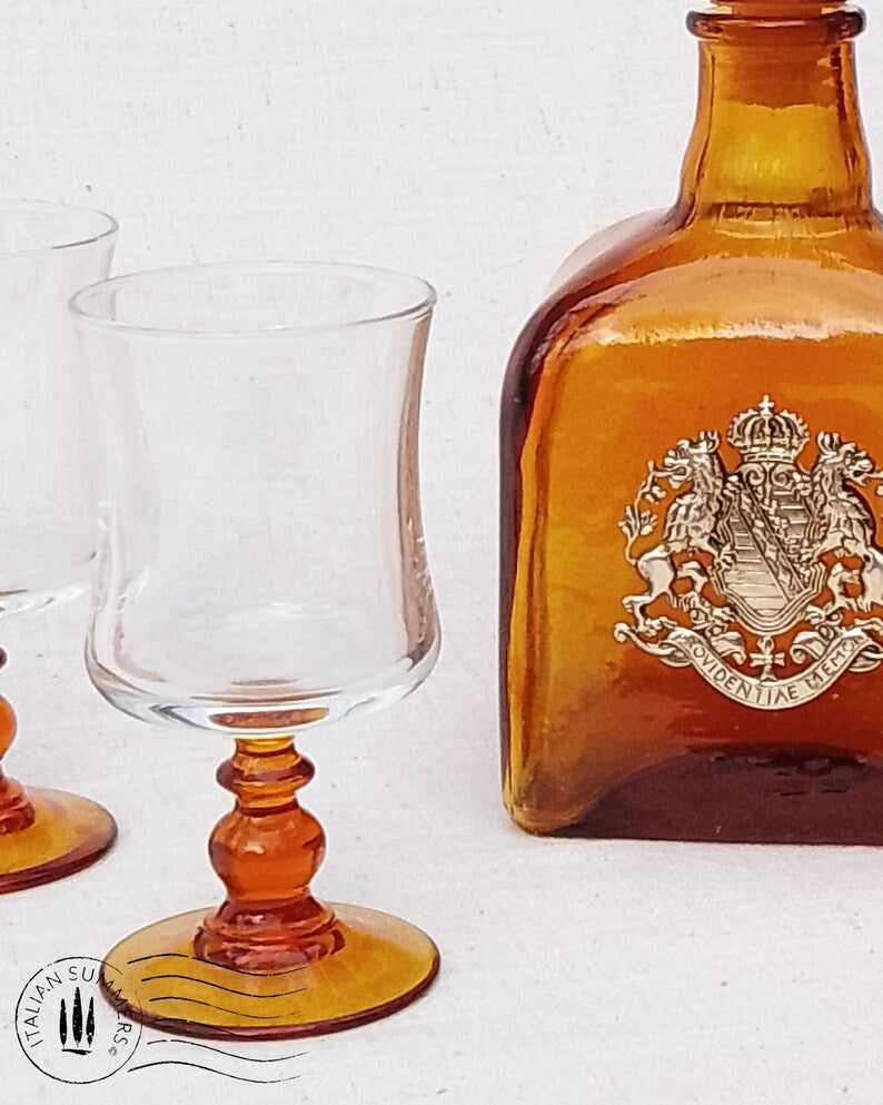 Vintage 1960-70s Empoli amber glass decanter and four baroque glasses set, genie bottle.