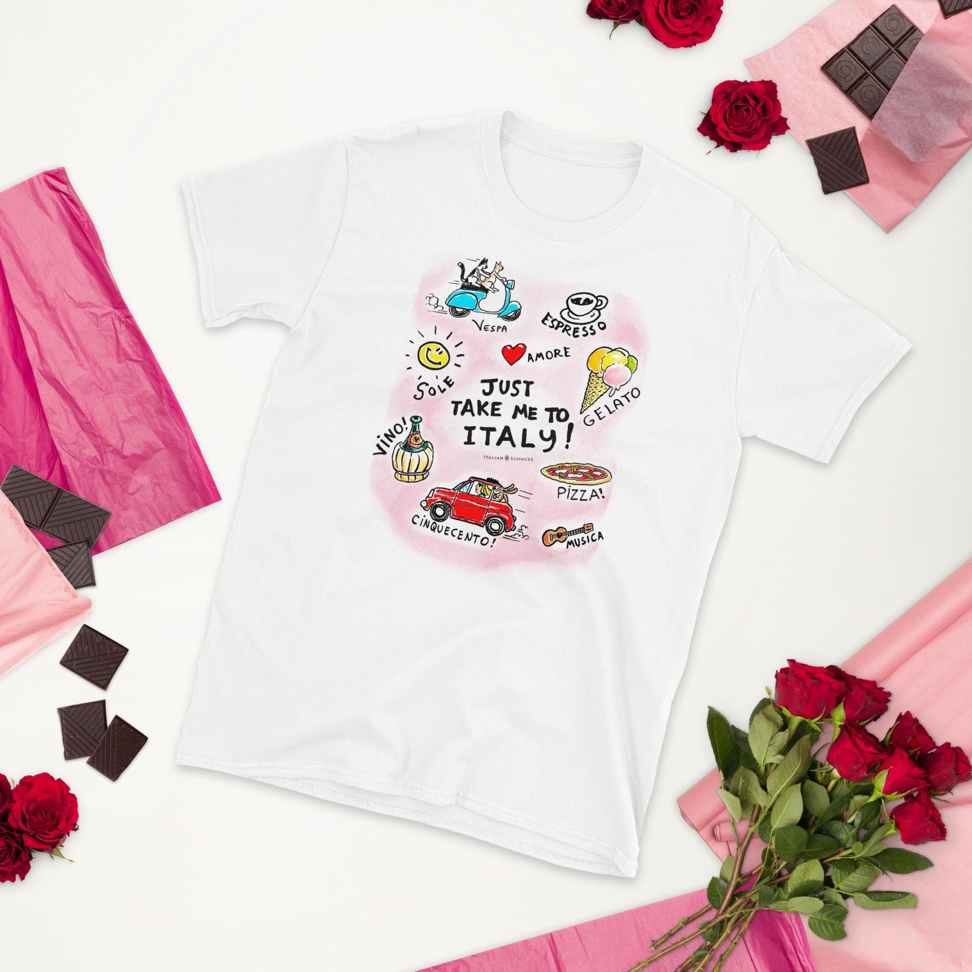 T-Shirt Just Take me to Italy- by Italian Summers. A T-shirt featuring the handwritten phrase JUST TAKE me to ITALY surrounded by sketches of an espresso cup, a vintage FIAT car, A vespa scooter driven by two cats, a gelato cone, a pizza, a guitar.  perfect for Italy lovers and fans of la dolce vita. By Italian Summers.