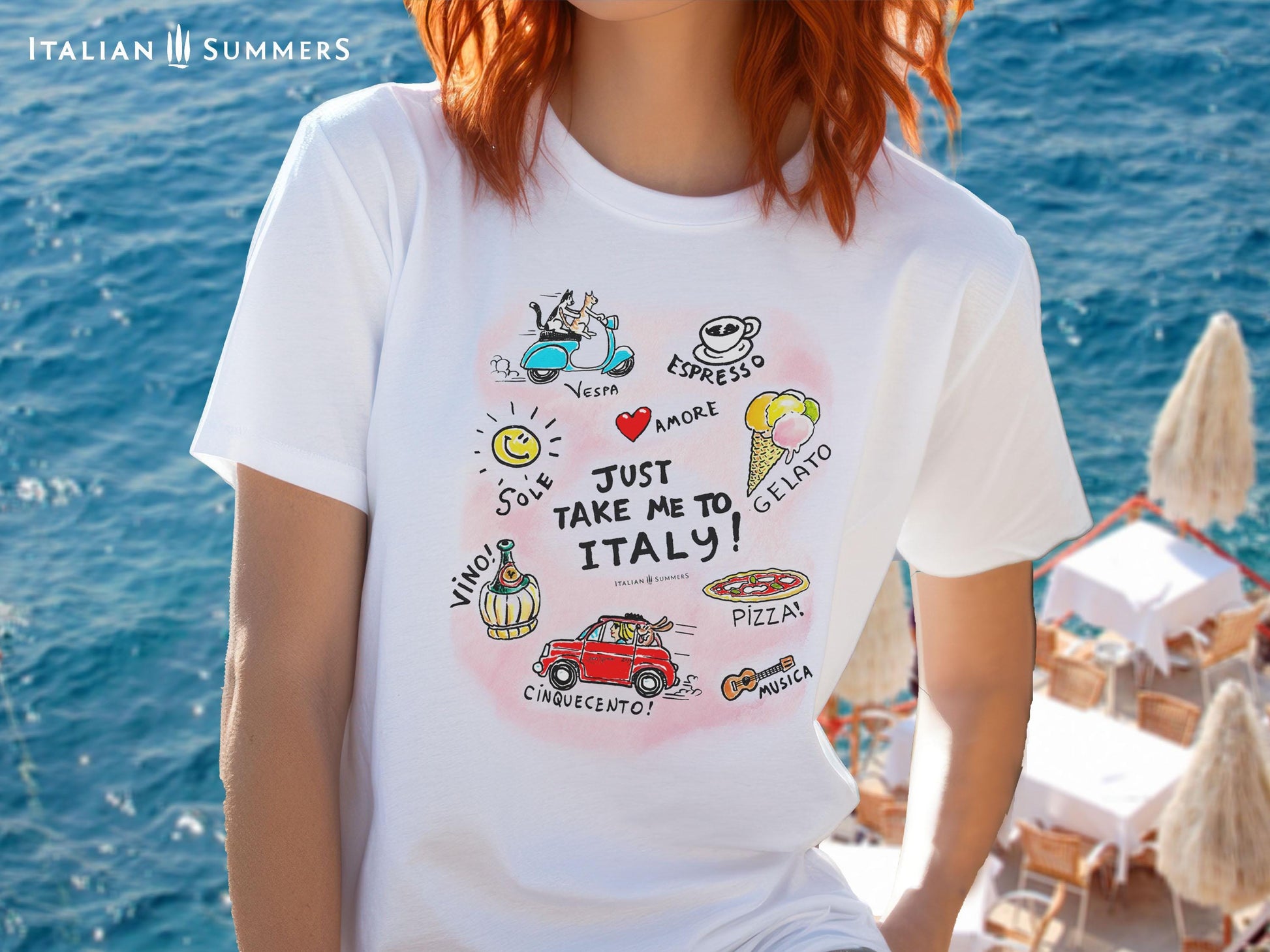 T-Shirt Just Take me to Italy- by Italian Summers. A T-shirt featuring the handwritten phrase JUST TAKE me to ITALY surrounded by sketches of an espresso cup, a vintage FIAT car, A vespa scooter driven by two cats, a gelato cone, a pizza, a guitar.  perfect for Italy lovers and fans of la dolce vita. By Italian Summers.