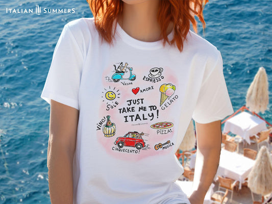T-Shirt Just Take me to Italy- by Italian Summers. A T-shirt featuring the handwritten phrase JUST TAKE me to ITALY surrounded by sketches of an espresso cup, a vintage FIAT car, A vespa scooter driven by two cats, a gelato cone, a pizza, a guitar.  perfect for Italy lovers and fans of la dolce vita. By Italian Summers.