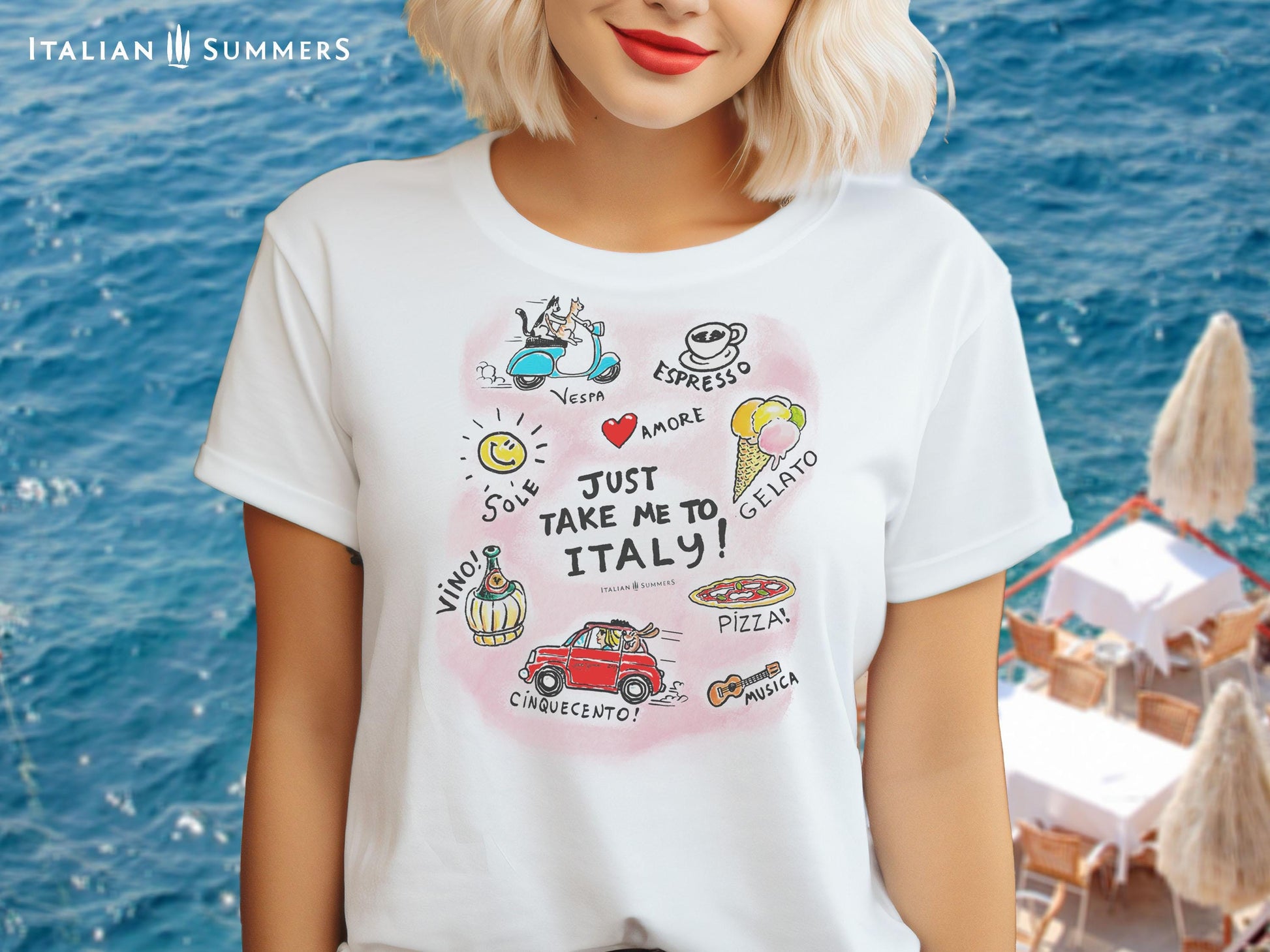T-Shirt Just Take me to Italy- by Italian Summers. A T-shirt featuring the handwritten phrase JUST TAKE me to ITALY surrounded by sketches of an espresso cup, a vintage FIAT car, A vespa scooter driven by two cats, a gelato cone, a pizza, a guitar.  perfect for Italy lovers and fans of la dolce vita. By Italian Summers.