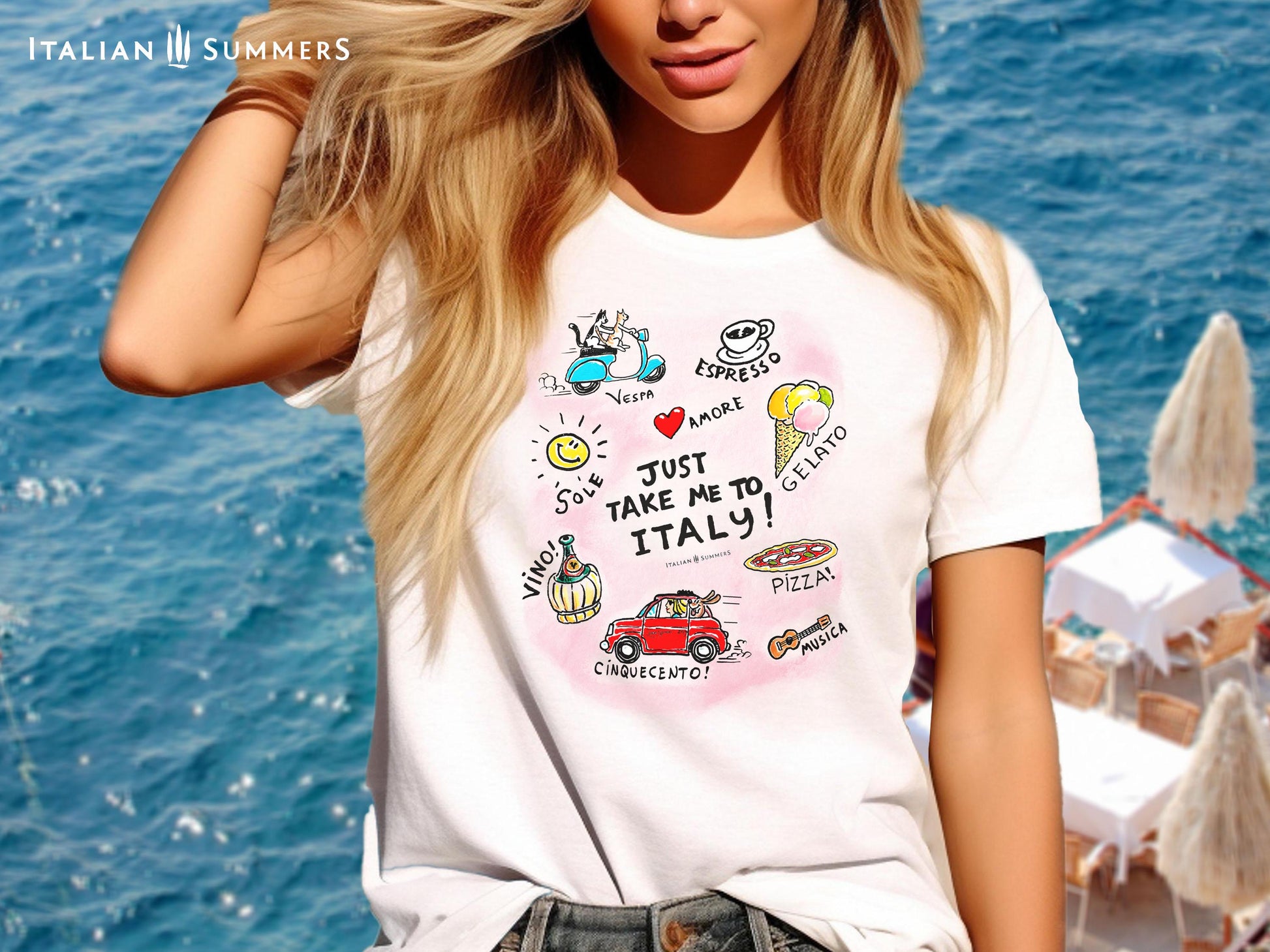 T-Shirt Just Take me to Italy- by Italian Summers. A T-shirt featuring the handwritten phrase JUST TAKE me to ITALY surrounded by sketches of an espresso cup, a vintage FIAT car, A vespa scooter driven by two cats, a gelato cone, a pizza, a guitar.  perfect for Italy lovers and fans of la dolce vita. By Italian Summers.