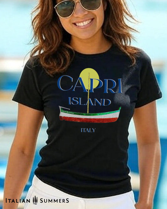 A Garment-dyed quality Black T shirt with a print of a traditional Capri Island wooden boat in the color of the Italian flag, and the text CAPRI in capital letters above it, with a full-moon disk above.