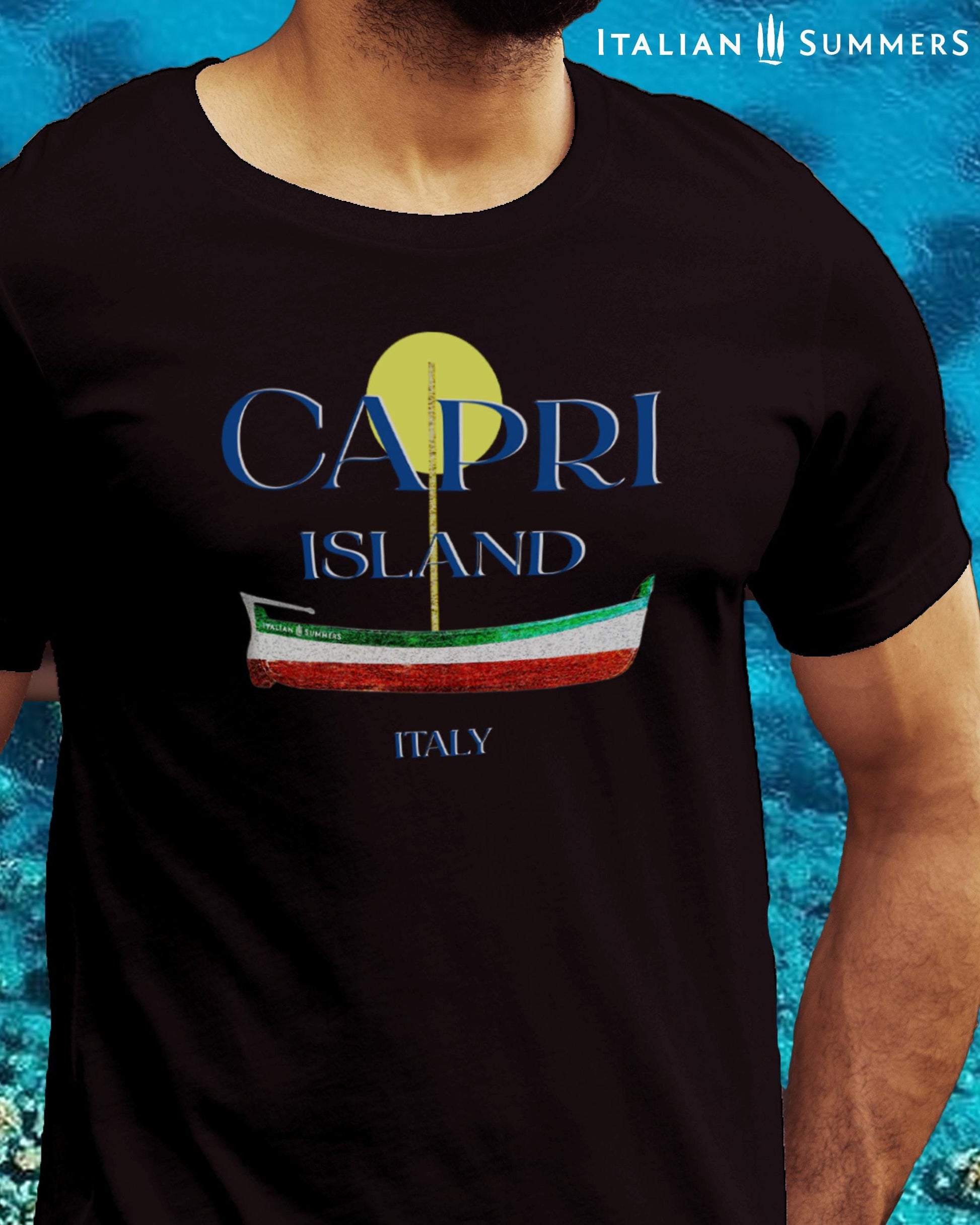 A Garment-dyed quality Black T shirt with a print of a traditional Capri Island wooden boat in the color of the Italian flag, and the text CAPRI in capital letters above it, with a full-moon disk above.