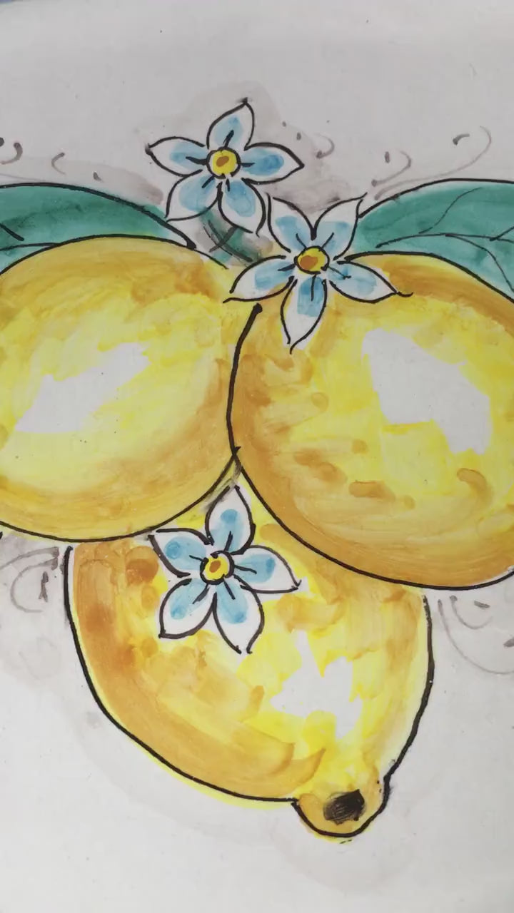Bright and happy Italian ceramic brocca with handpainted Amalfi Coast lemons and the text Buongiorno in the color azur blue. By Italian Summers