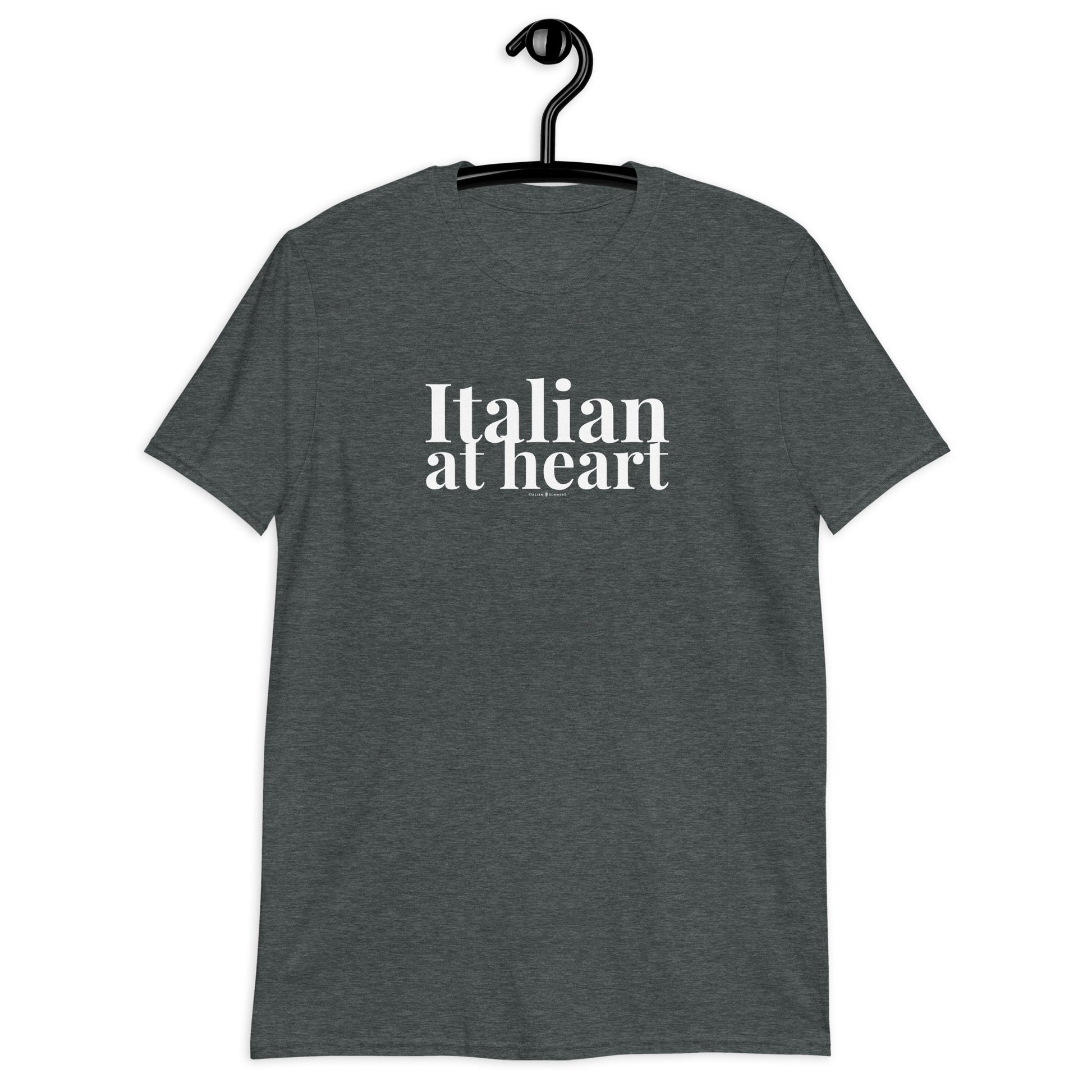 An  all cotton heather gray t shirt with a retro-style white text print that states: ITALIAN AT HEART