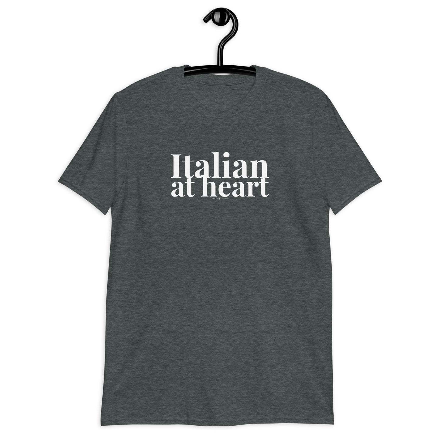 An all cotton heather gray t shirt with a retro-style white text print that states: ITALIAN AT HEART
