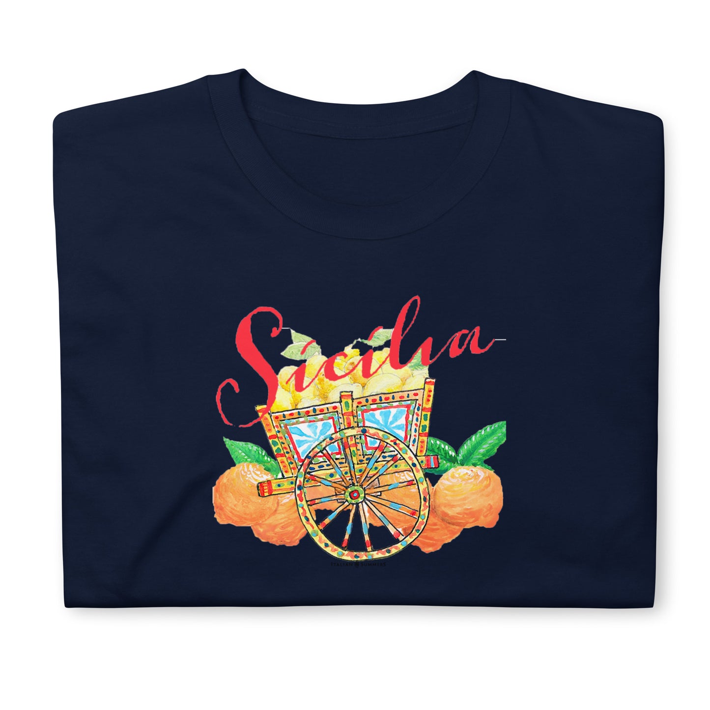 Italy Inspired White or Navy T shirt with hand-painted design of a colorful Sicilian cart , Sicilian oranges and lemons. The word 'Sicilia' is printed in red over the composition. Italy gift, designed by an Italian