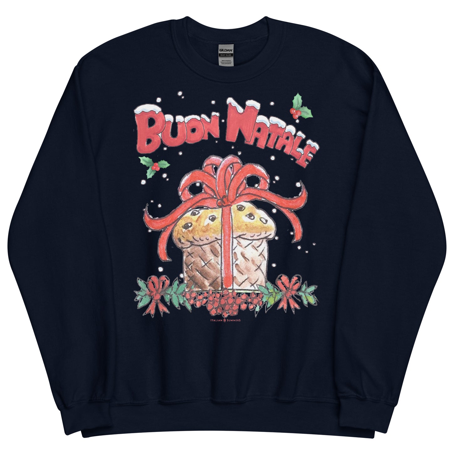Panettone cake design with Buon Natale holiday greeting on Italian Christmas sweatshirt