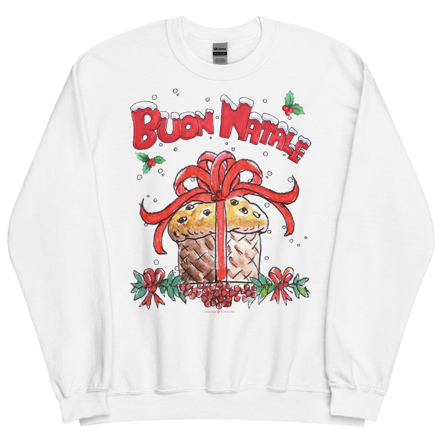 Italy Christmas sweatshirt with Buon Natale text and Panettone cake graphic – festive unisex holiday sweater”