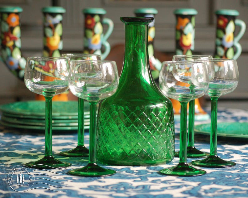 vintage 1970's Bormioli emerald-green decanter and six Alsace-style glasses