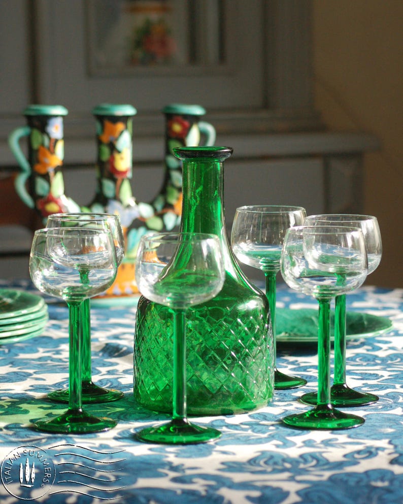 vintage 1970's Bormioli emerald-green decanter and six Alsace-style glasses