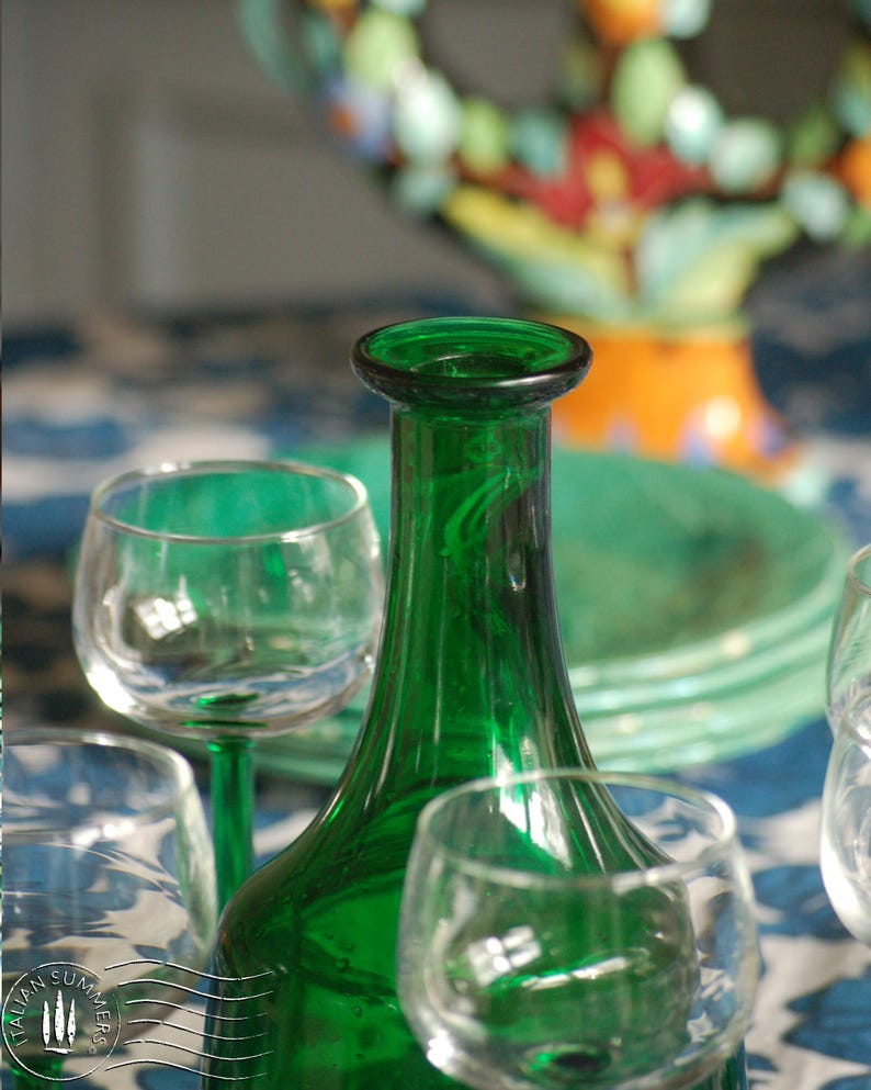 vintage 1970's Bormioli emerald-green decanter and six Alsace-style glasses