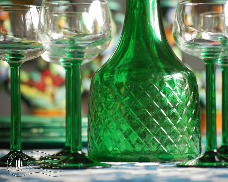 vintage 1970's Bormioli emerald-green decanter and six Alsace-style glasses