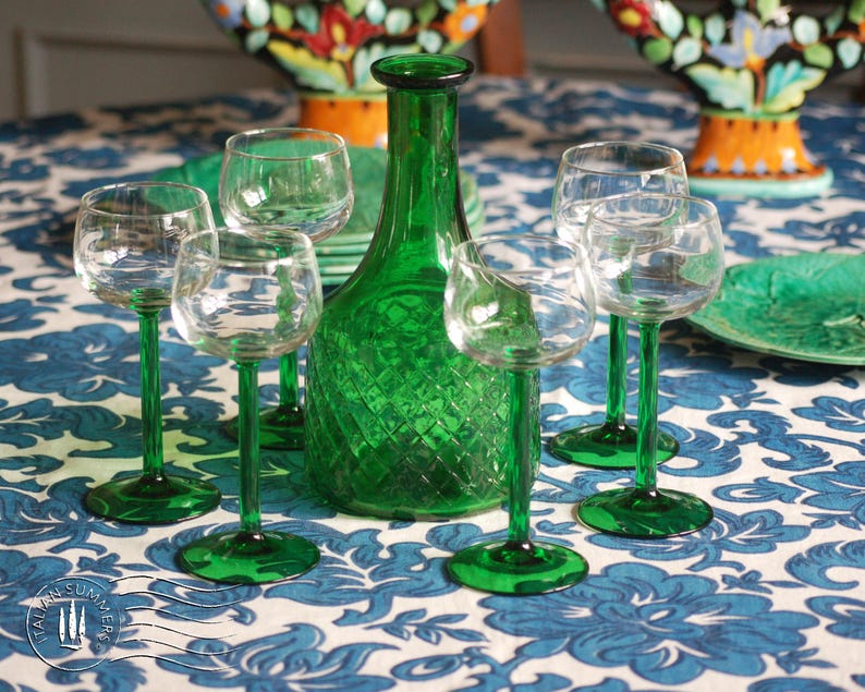 vintage 1970's Bormioli emerald-green decanter and six Alsace-style glasses
