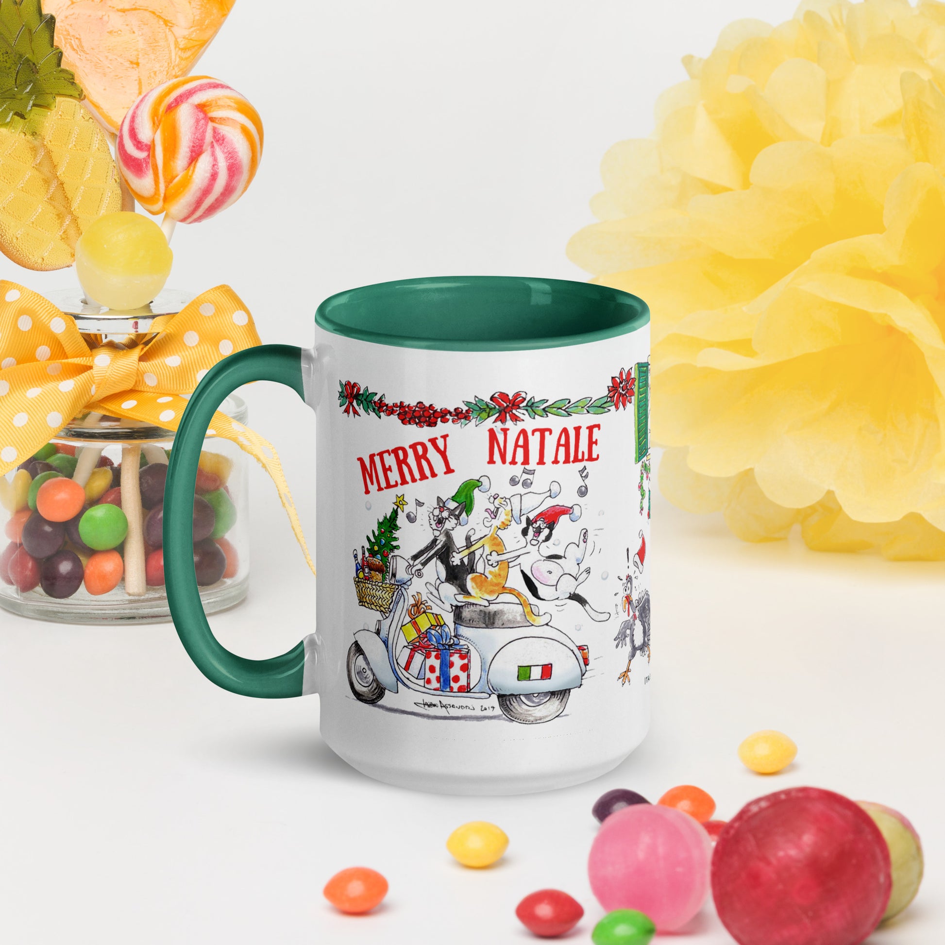 Ceramic Christmas gift mug Italy-inspired with cats & Fiat 500