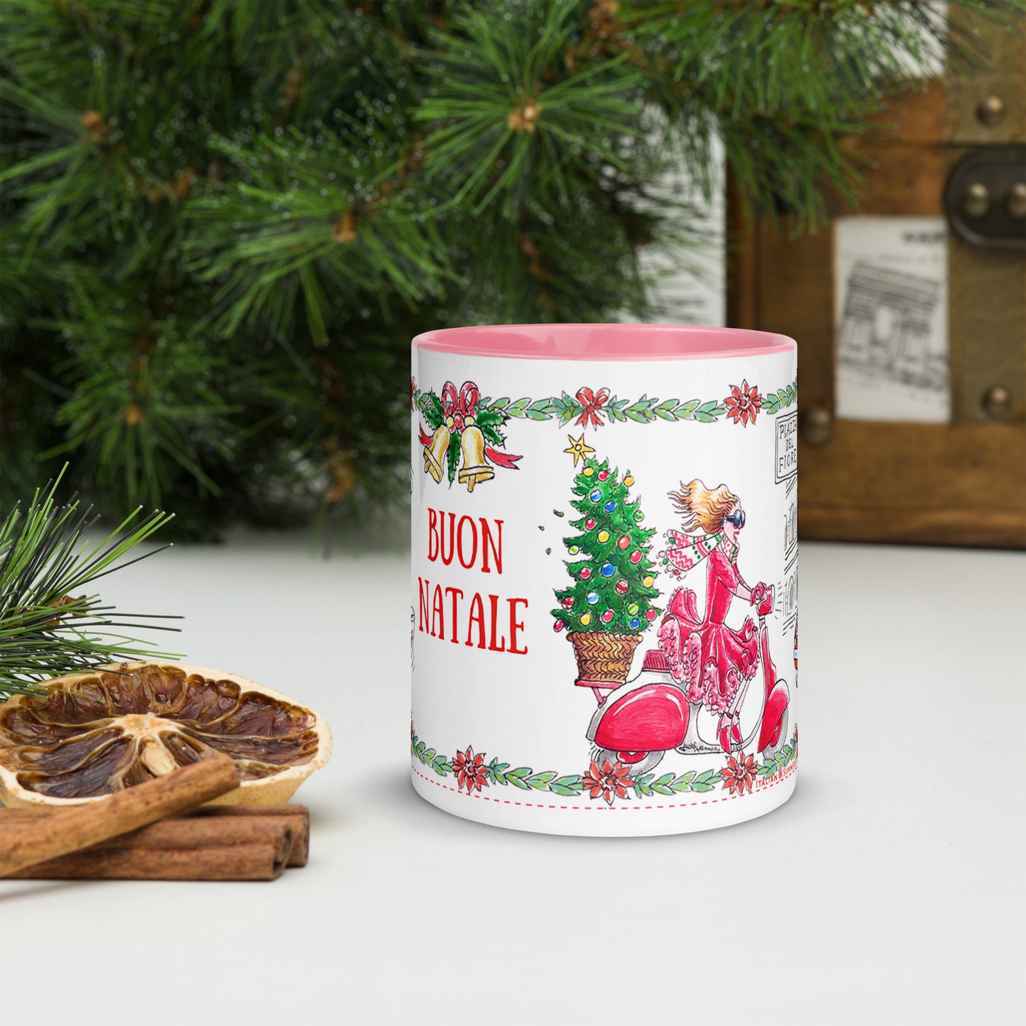 Italian Christmas mug with Rome icons – Colosseum, Vespa, diva pink mug
