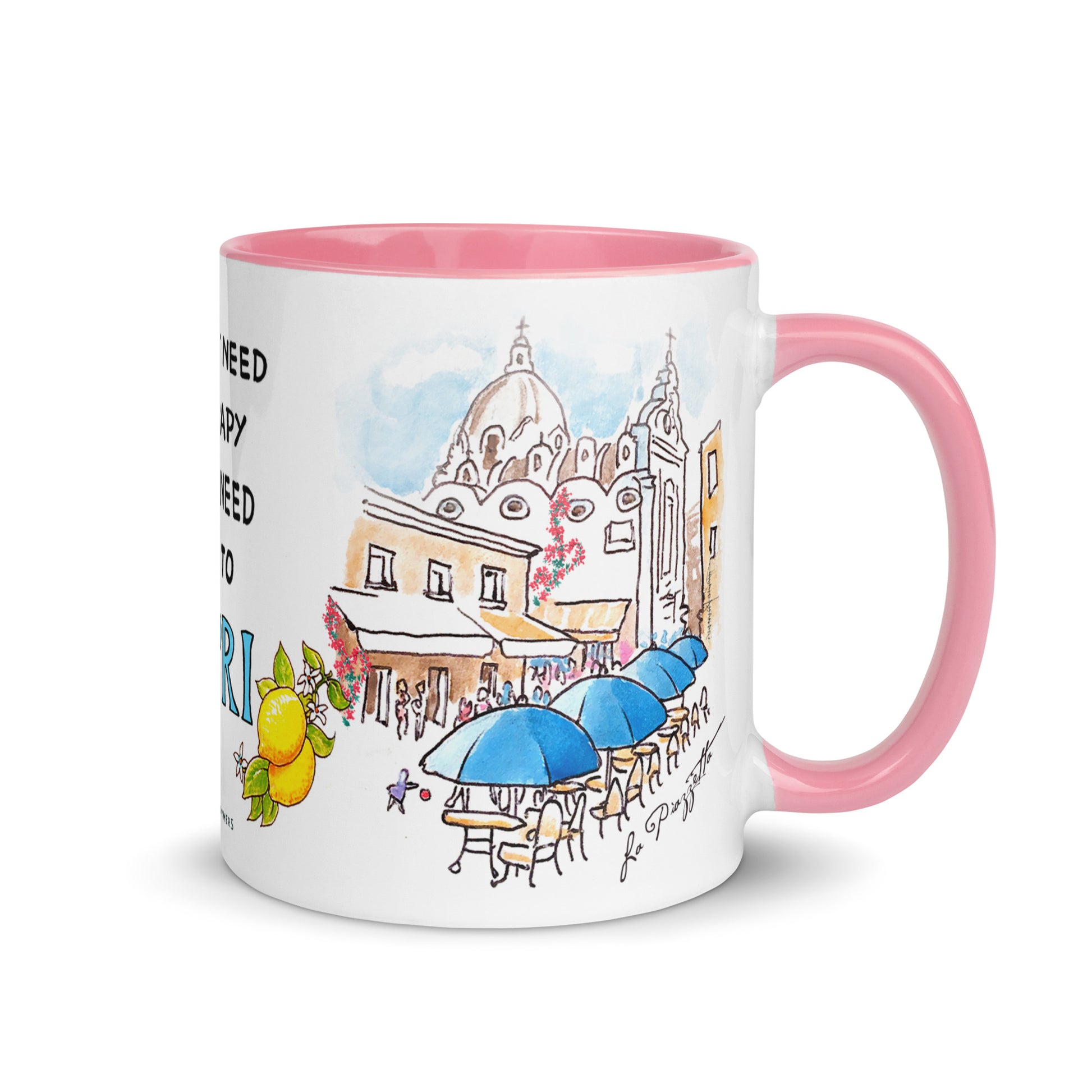 Italy-inspired white ceramic mug with blue colored handle and interior. Printed with a drawing of Capri's Piazzetta  with blue cafe Umbrellas and a crowd of shoppers strolling. The quote: I don't need therapy I just need to go to Capri is present . The word Italy is in blue Capital letters and flanked by bunches of Sorrento lemons with flowers. Made by Italian Summers