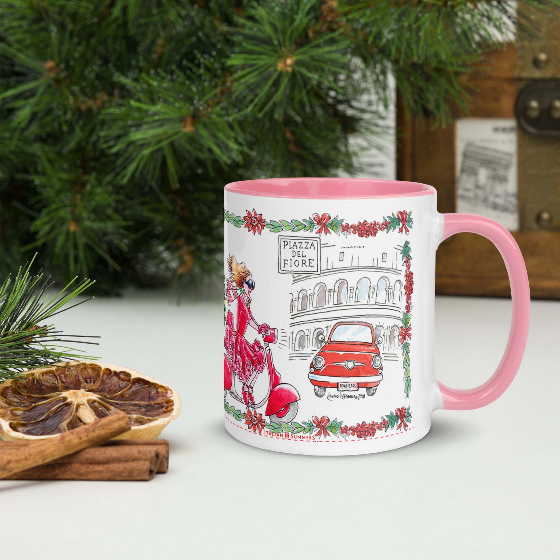 Italy Christmas gift mug featuring Colosseum and Vespa pink mug