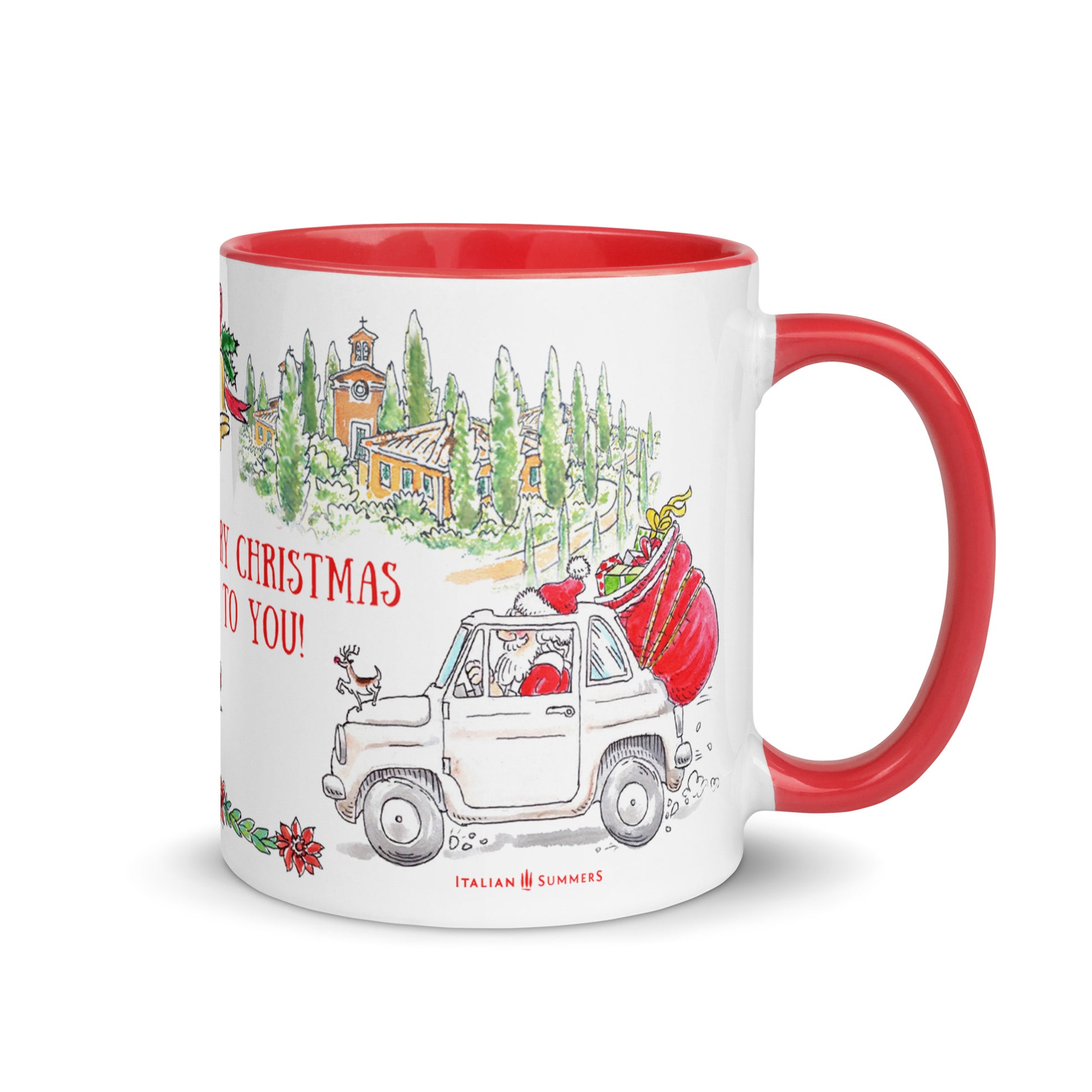 Festive Christmas mug Italy-themed with Santa delivering gifts