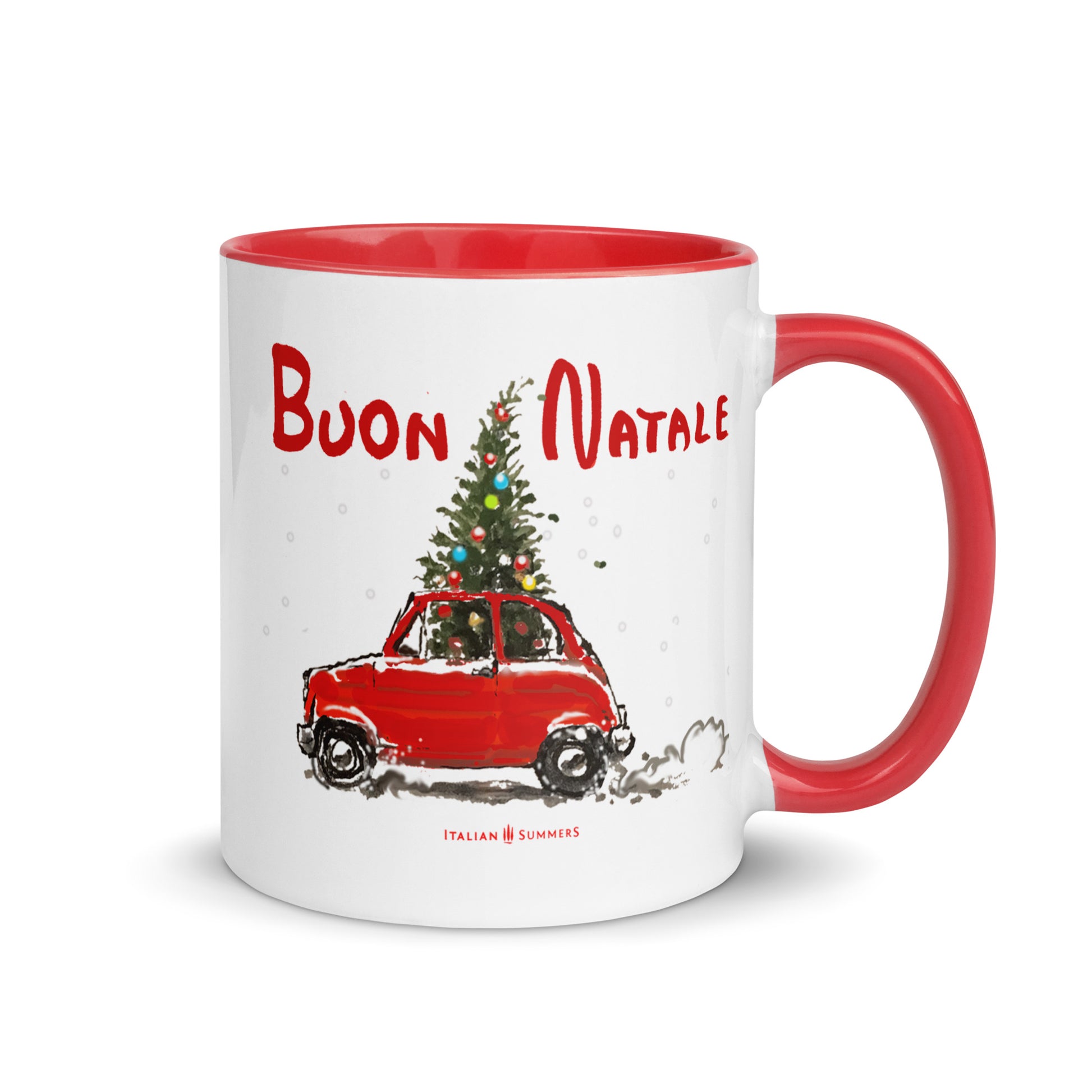 This ceramic Italy Christmas mug features a delightful red vintage Fiat 500 with a Christmas tree sticking out from the roof