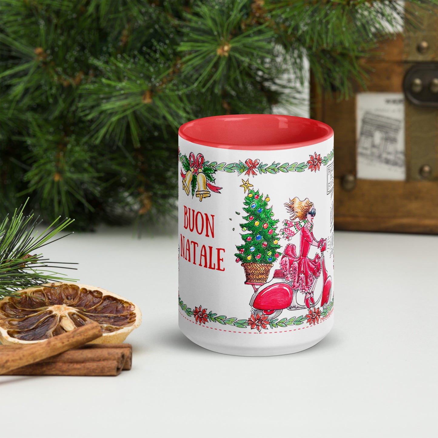 Italian Christmas mug with Rome icons – Colosseum, Vespa, diva