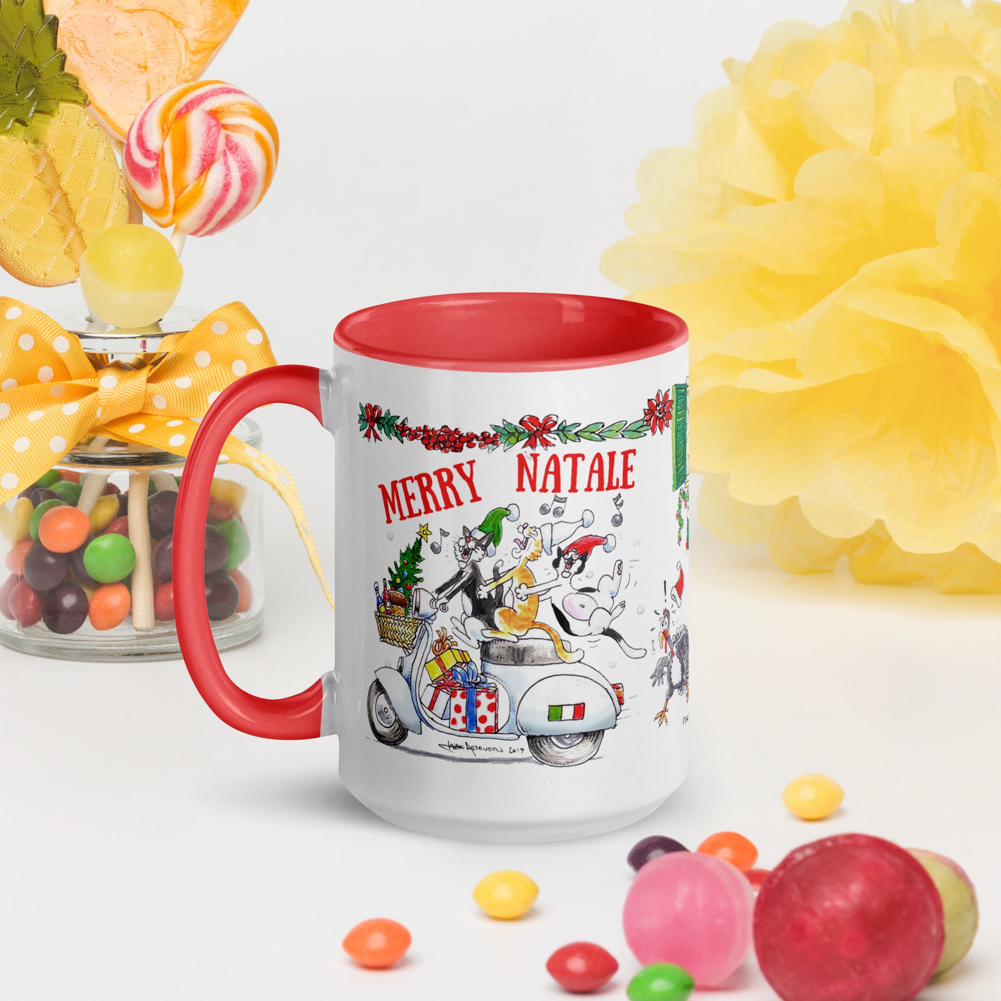 Ceramic Christmas gift mug Italy-inspired with cats & Fiat 500