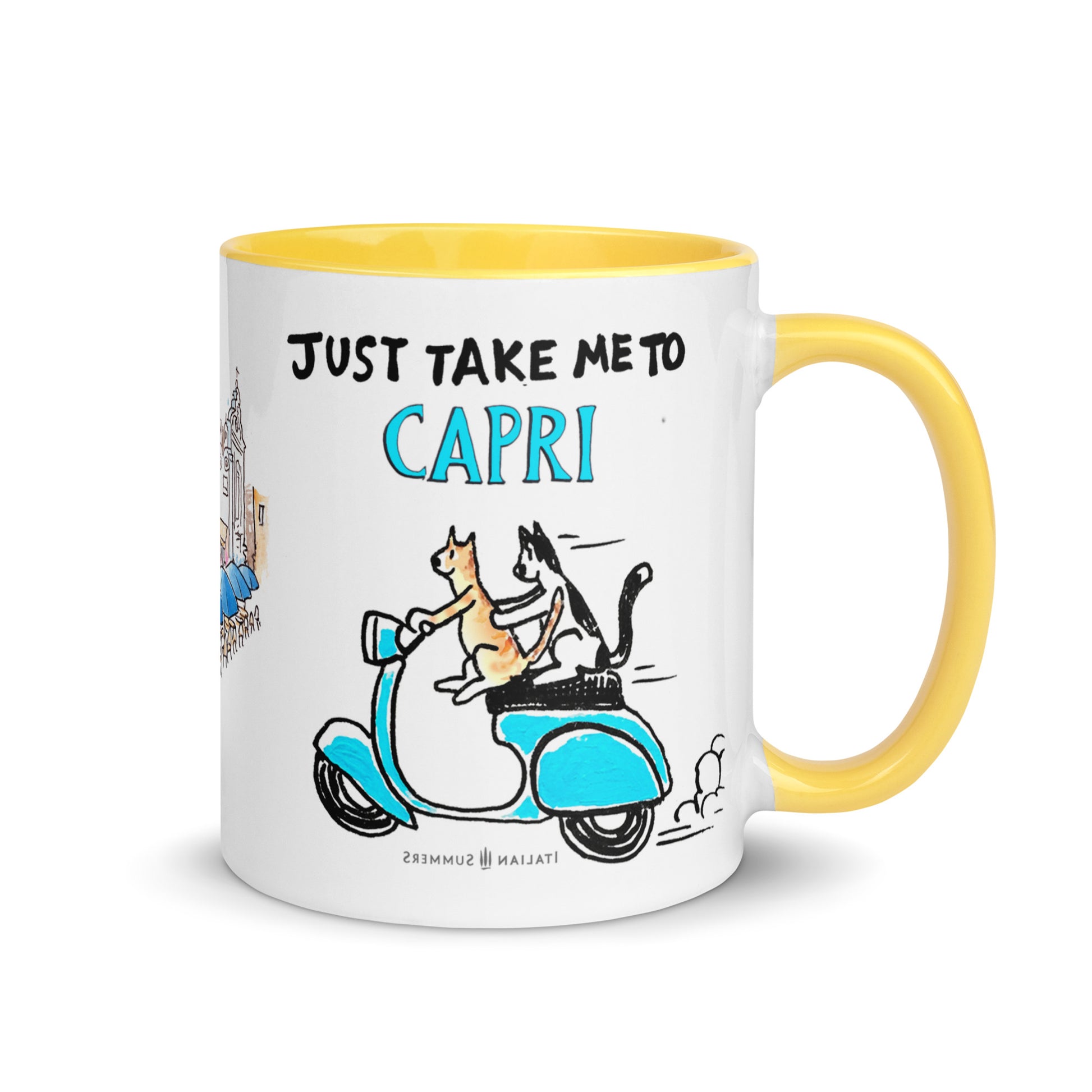 An Italy inspired coffe mug with the text Just take me to Capri. With a sketch of two cats driving an aqua blue vintage Vespa. The mug is avai;able in white or with a yellow or blue inside/handle. Made by Italian Summers