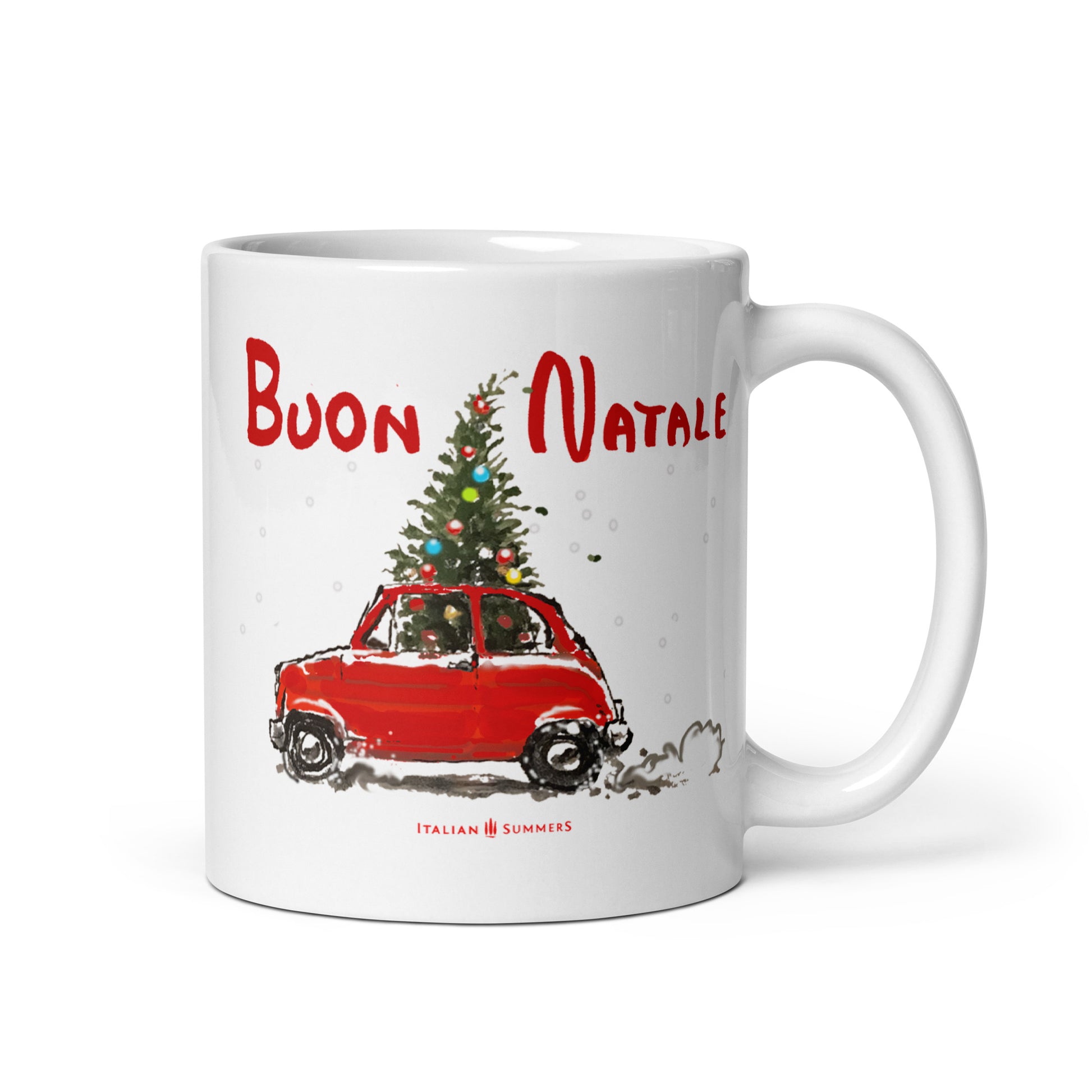 This ceramic Italy Christmas mug features a delightful red vintage Fiat 500 with a Christmas tree sticking out from the roof . On the top of the mug is the red handpainted quote "Buon Natale"  - Merry Christmas in Italian