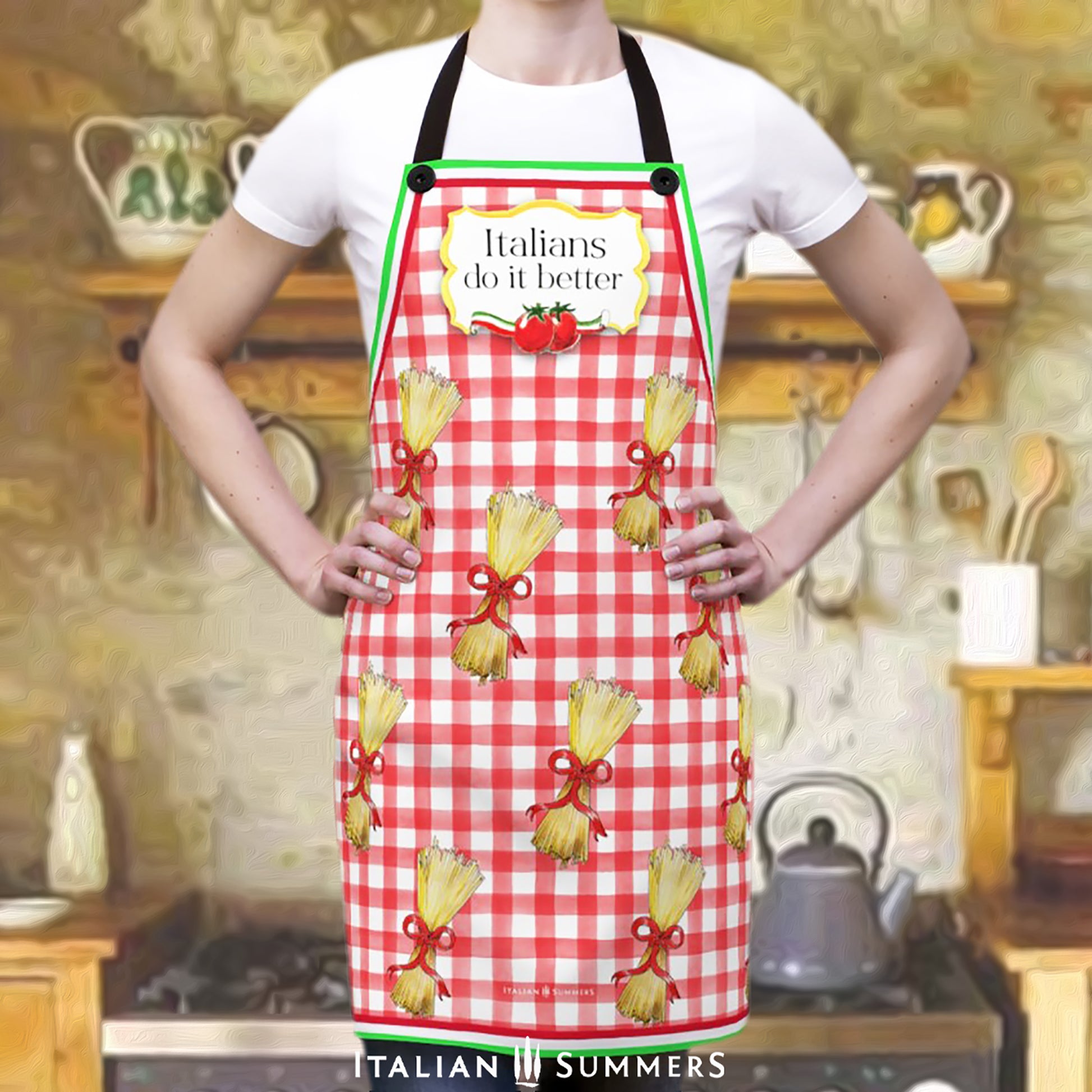 A happy red-checkered printed pattern apron with bundles of spaghetti with red bows . On the chest is a yellow  gold frame with the text: Italians do it better, and two happy tomatoes with an Italian  flag