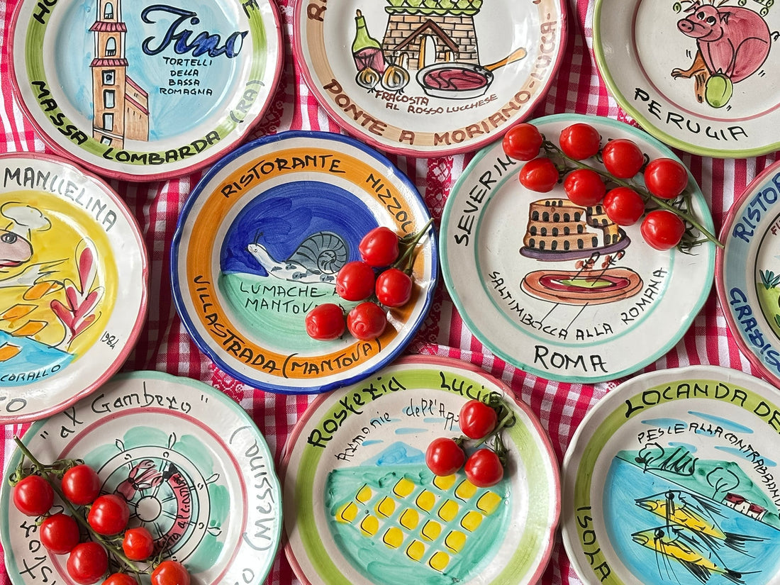 Collection of Italian vintage restaurant plates Buon Ricordo plates by Italian Summers