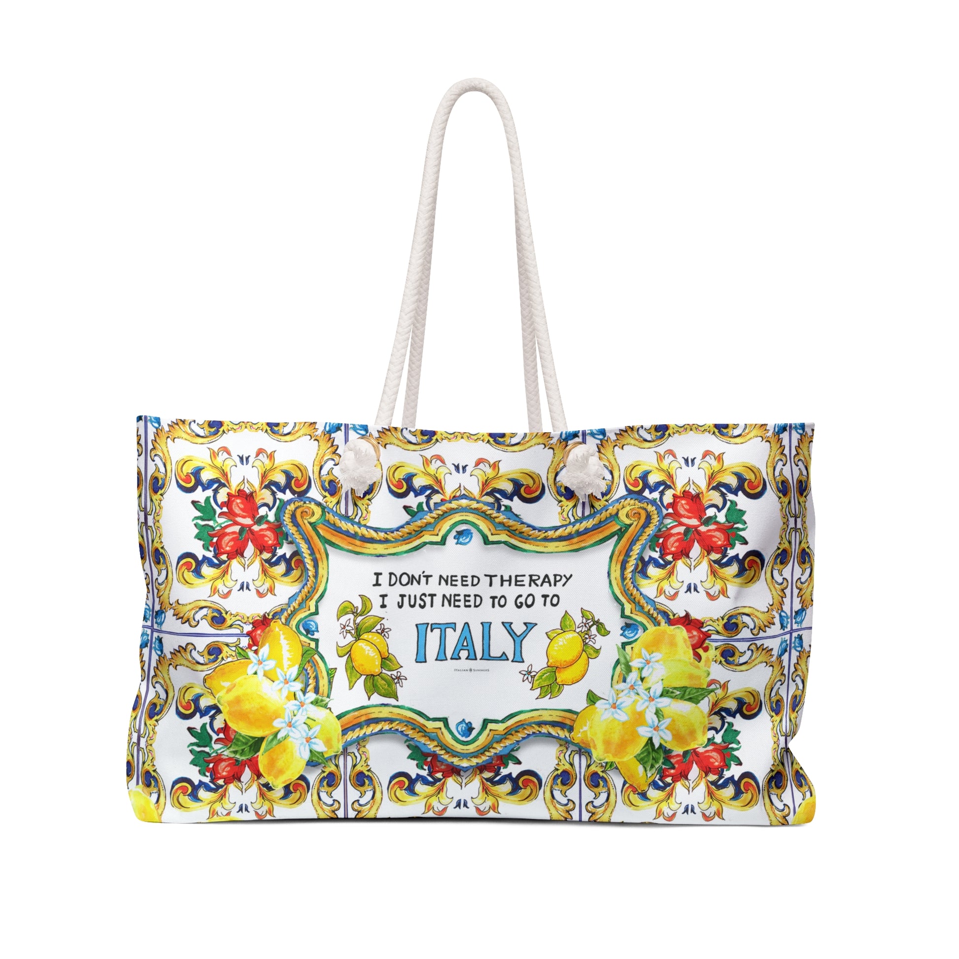 Italy, Sicily inspired beach bag with the quote I don't need therapy, I just need to go to Italy. Next to the word Italy are on both sides Sorrento lemons. The quote is surrounded by Sicilian baroque convolutes and big lemons. On the background there are Sicilian tiles. The bag is printed on two sides and has soft rope handles