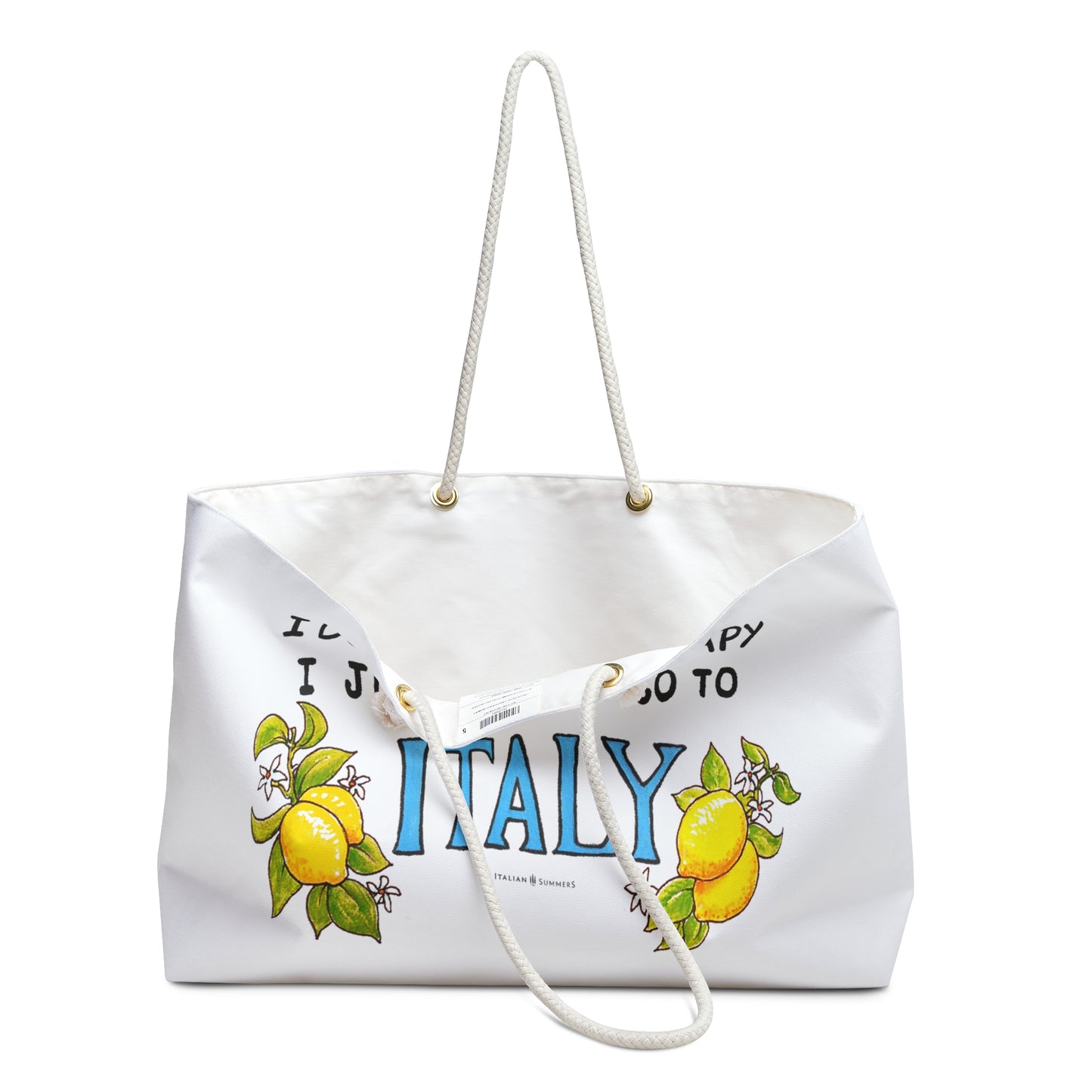 Italy inspired large beach bag with the quote I don't need therapy, I just need to go to Italy, with Italy in a blue hand writing. The Italy writing is decorated wirh amalfi Coast lemons on both sides. The beach bag has rope handles