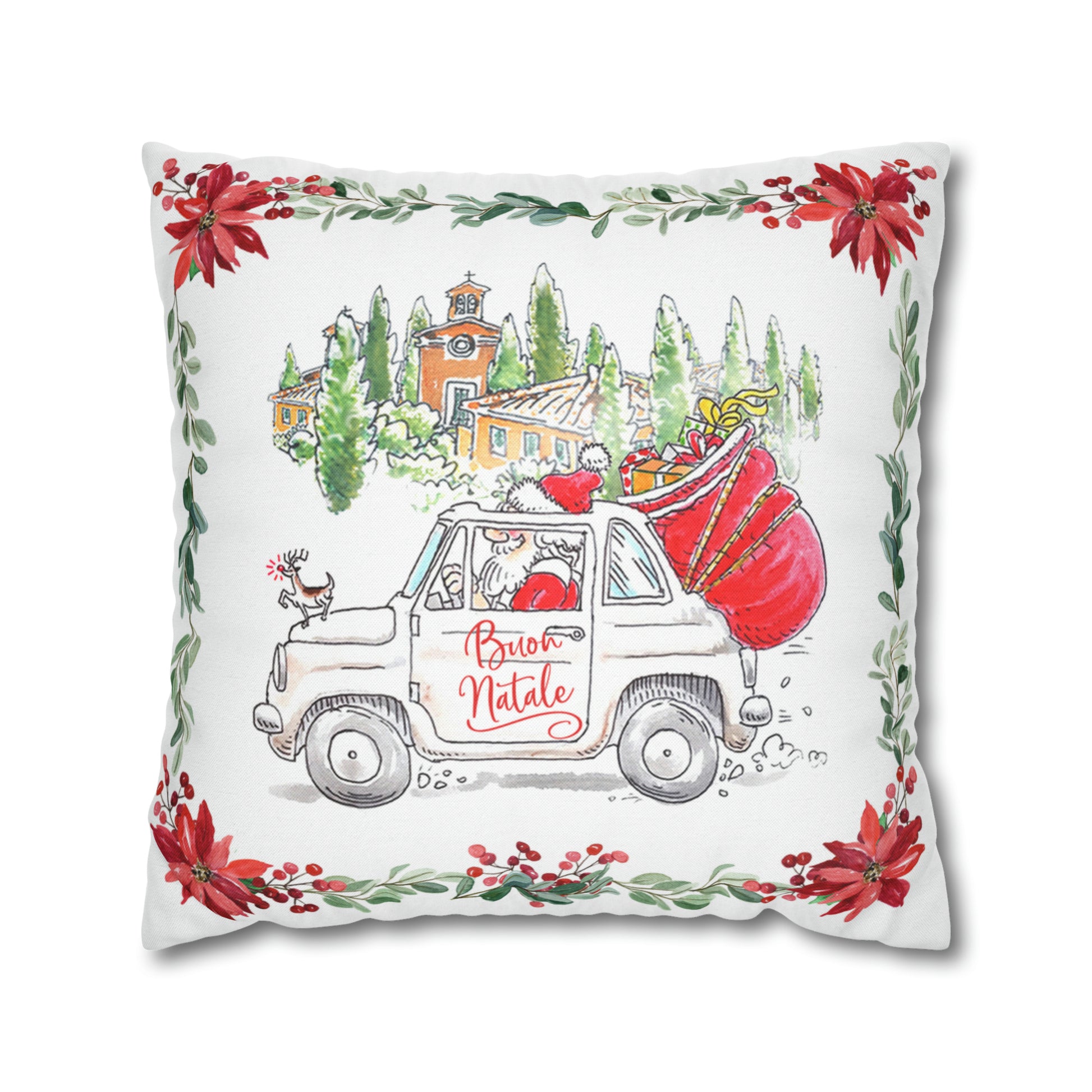 Festive Italy-themed pillow-case and of Babbo Natale driving his vintage Fiat 500 through the Italian countryside!  Designed by Italian Summers