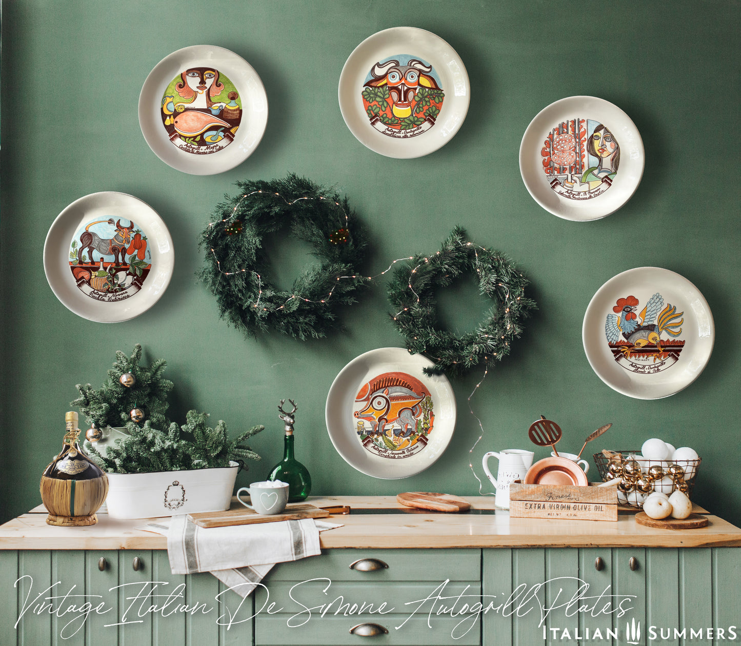 A collection of Vintage ceramic plates, hanging on a venetian-green wall over a table full of ingredients, with a cartouche of the name of the restaurant and the dish.