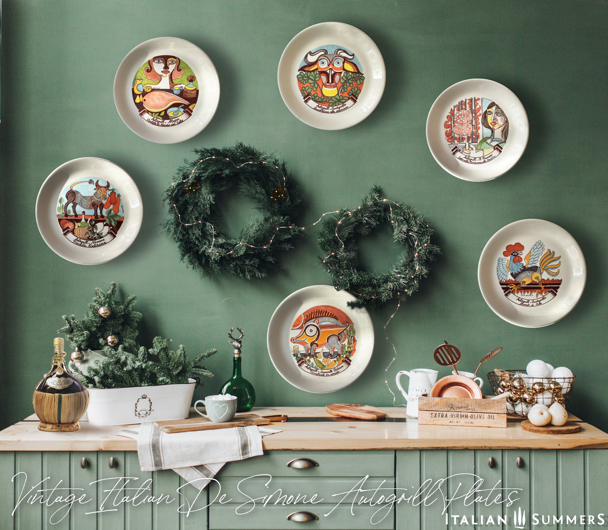 A collection of Vintage ceramic plates, hanging on a venetian-green wall over a table full of ingredients, with a cartouche of the name of the restaurant and the dish.