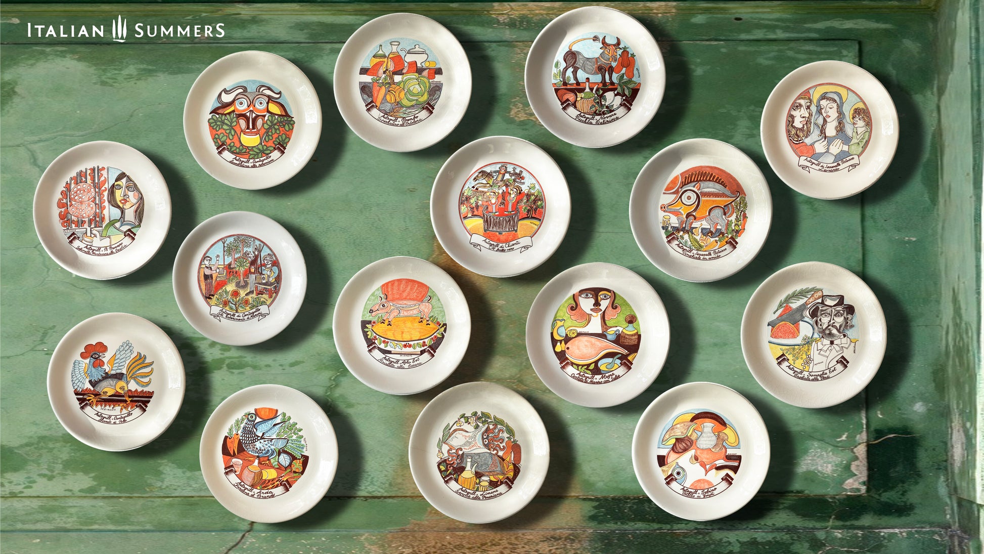 An collection of Vintage ceramic plates, one of which  with the design of a stylized rooster over a table full of ingredients, with a cartouche of the name of the restaurant and the dish.