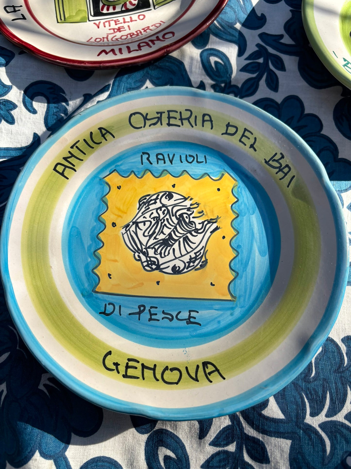 Vintage Buon Ricordo plate from Antica Osteria del Bai Genova- Hand-painted Italian restaurant plates ceramic  from Vietri sul Mare on the Amalfi Coast.
