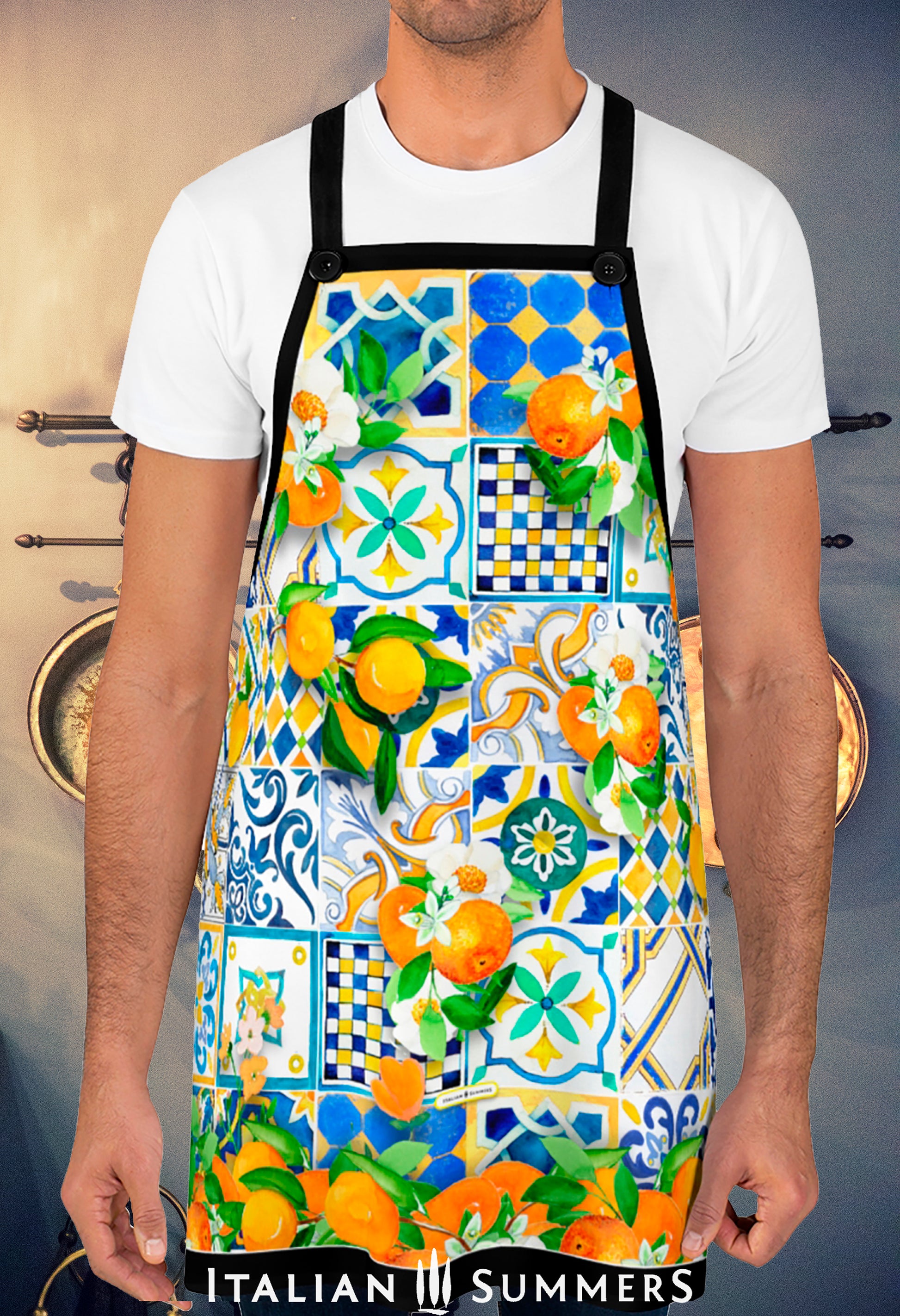 Italy-inspired apron decorated with bright, sunny  and colorful tiles reminiscent of the Amalfi Coast . All decorated with bundles of oranges with blooms.  A must-have for anyone who loves Italy.