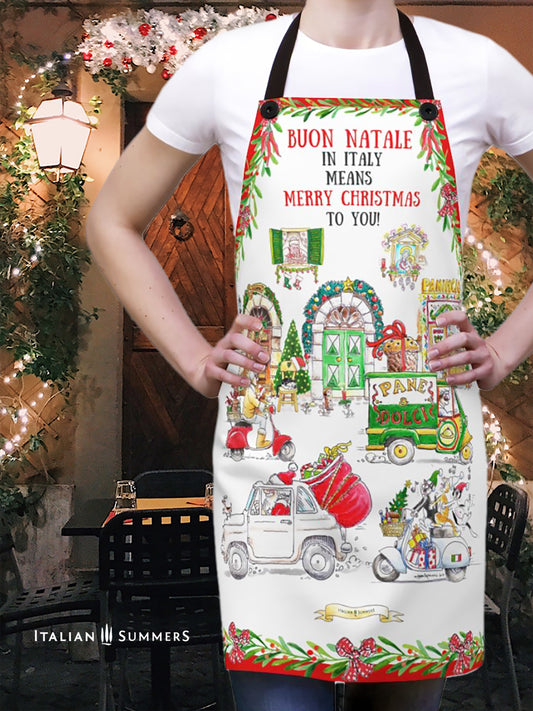  Italy inspired apron! Printed with funny traditional scenes and vintage vibes. Santa sppeds by in an old FIAT 500 loaded with gifts, three Italian cats follow on a vintage Vespa as they sing , a baker delivers pastries and panettones on his Ape Car, shops and doorways are adorned with Christmas lights and garlands.