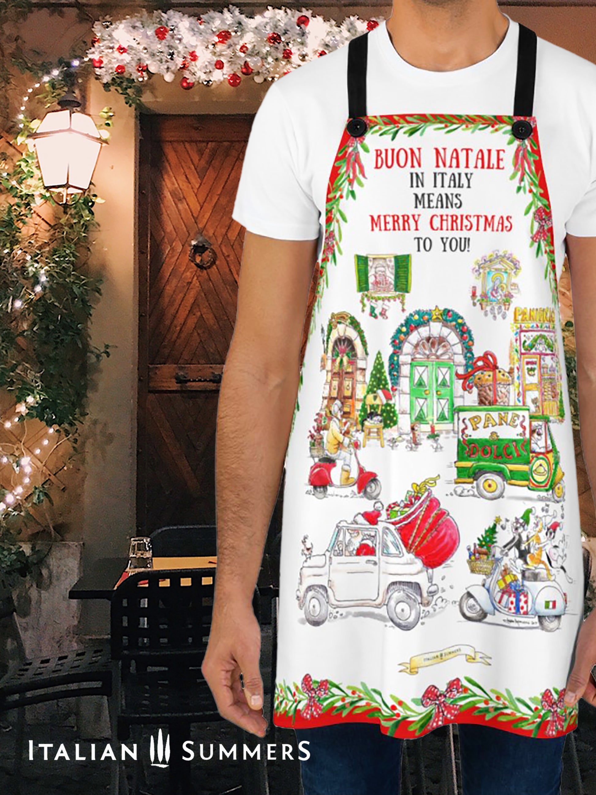  Italy inspired apron! Printed with funny traditional scenes and vintage vibes. Santa sppeds by in an old FIAT 500 loaded with gifts, three Italian cats follow on a vintage Vespa as they sing , a baker delivers pastries and panettones on his Ape Car, shops and doorways are adorned with Christmas lights and garlands.