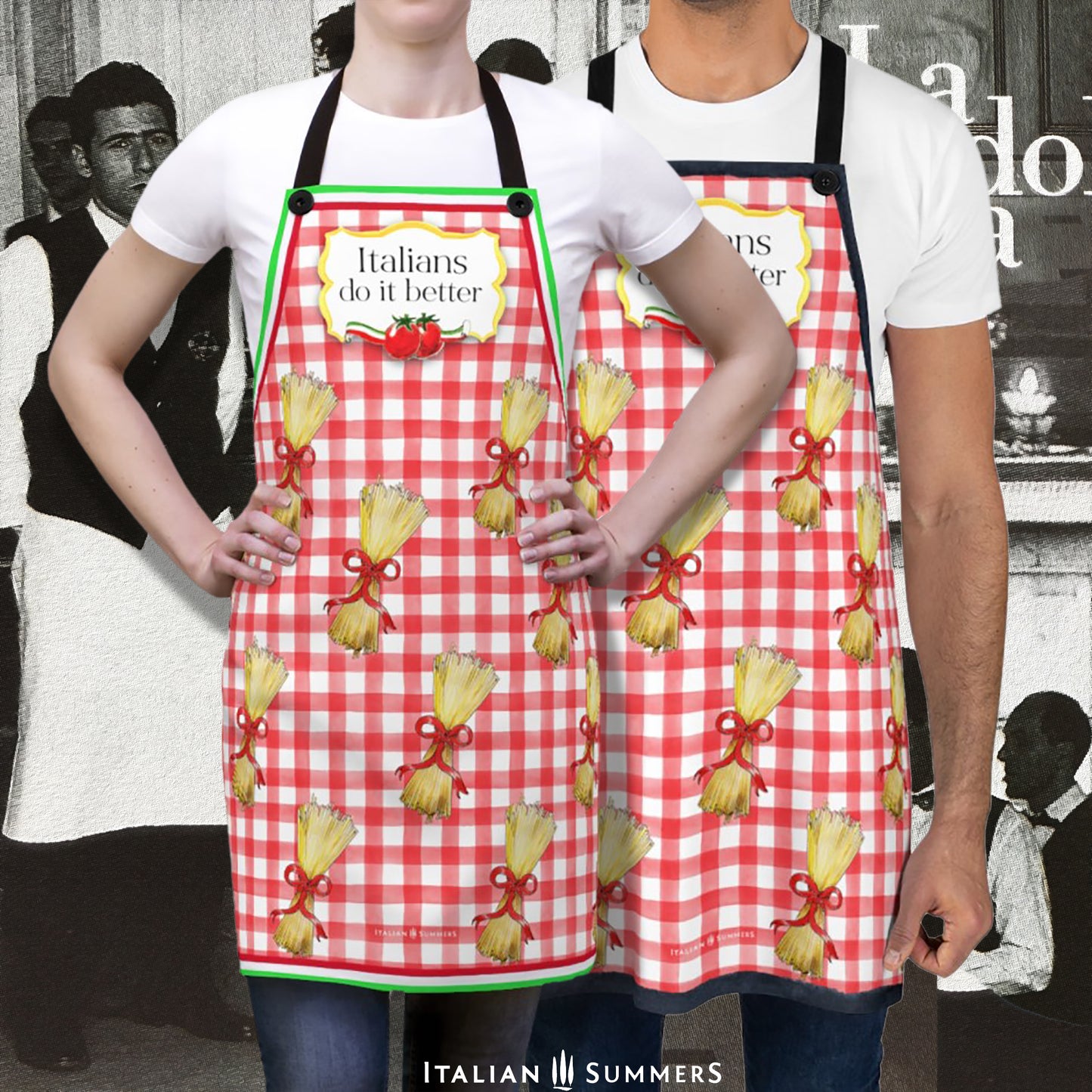 A happy red-checkered printed pattern apron with bundles of spaghetti with red bows . On the chest is a yellow  gold frame with the text: Italians do it better, and two happy tomatoes with an Italian  flag