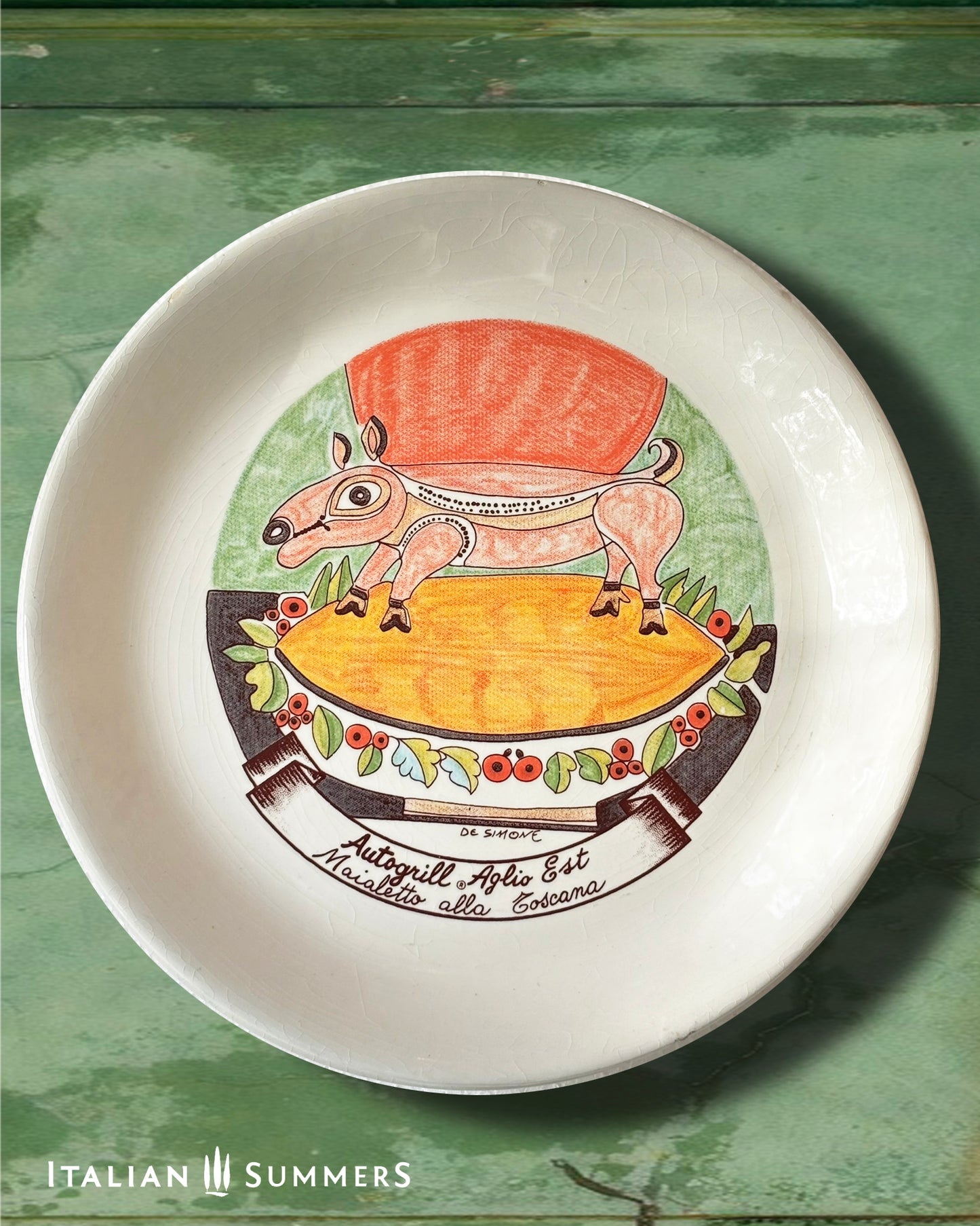 Vintage Autogrill plate by De Simone - Aglio Est Maialetto alla Toscana, 1960s Italian highway memorabilia
